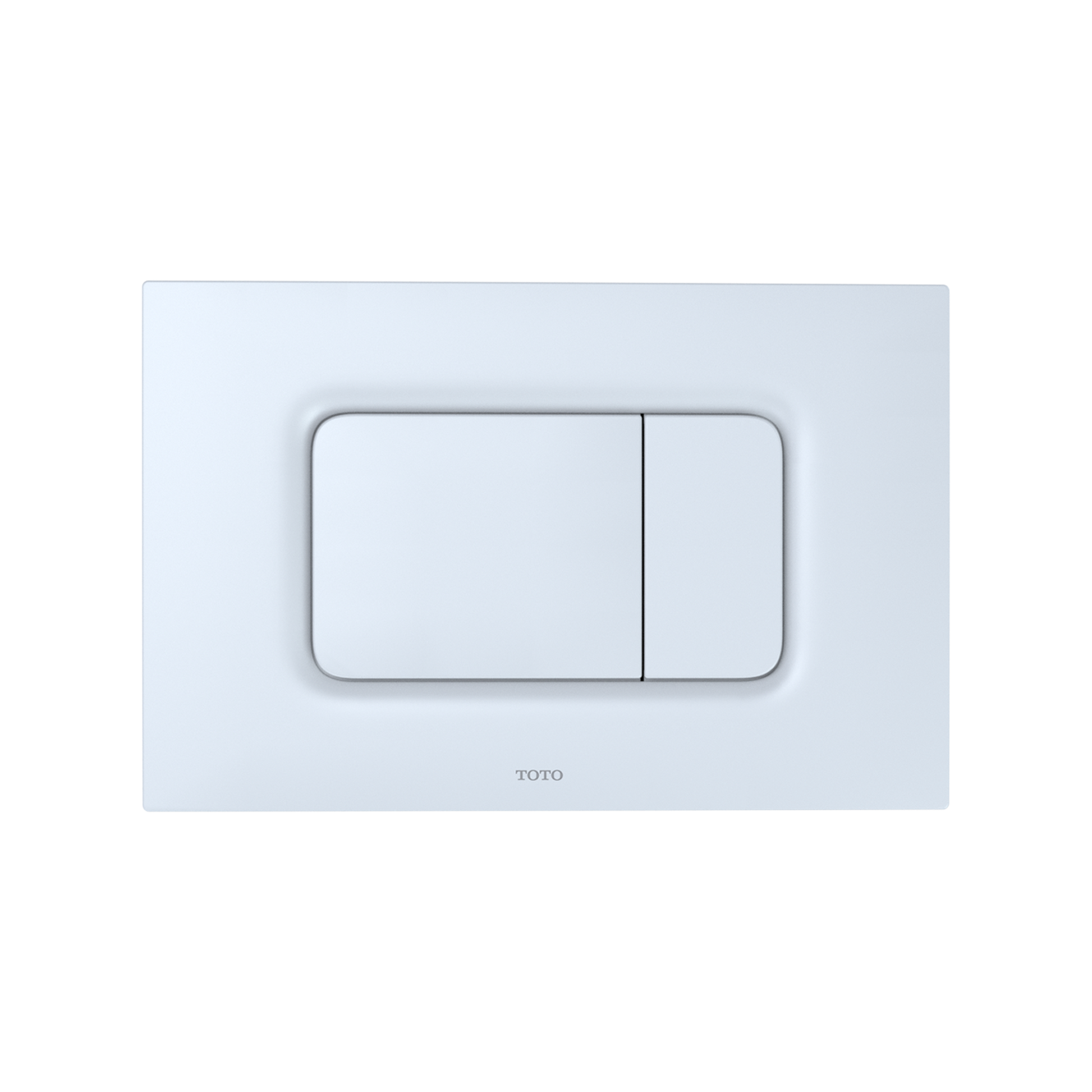 White matte rectangular dual flush push button plate with two separate buttons for toilet tank operation.