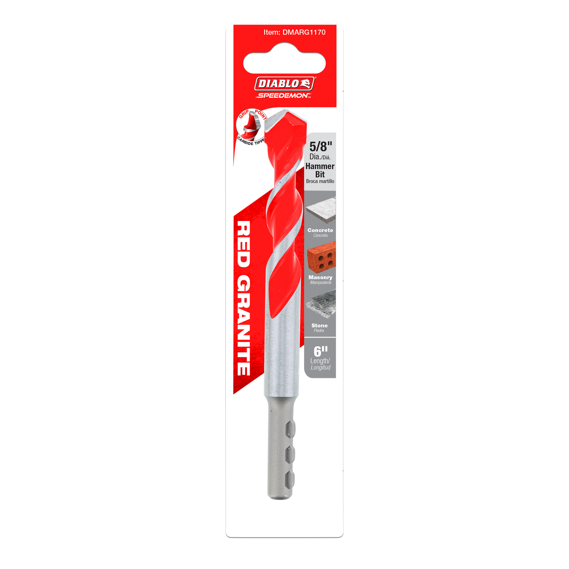 Diablo SPEEDemon 5/8 inch red and gray carbide tipped hammer drill bit in retail packaging.