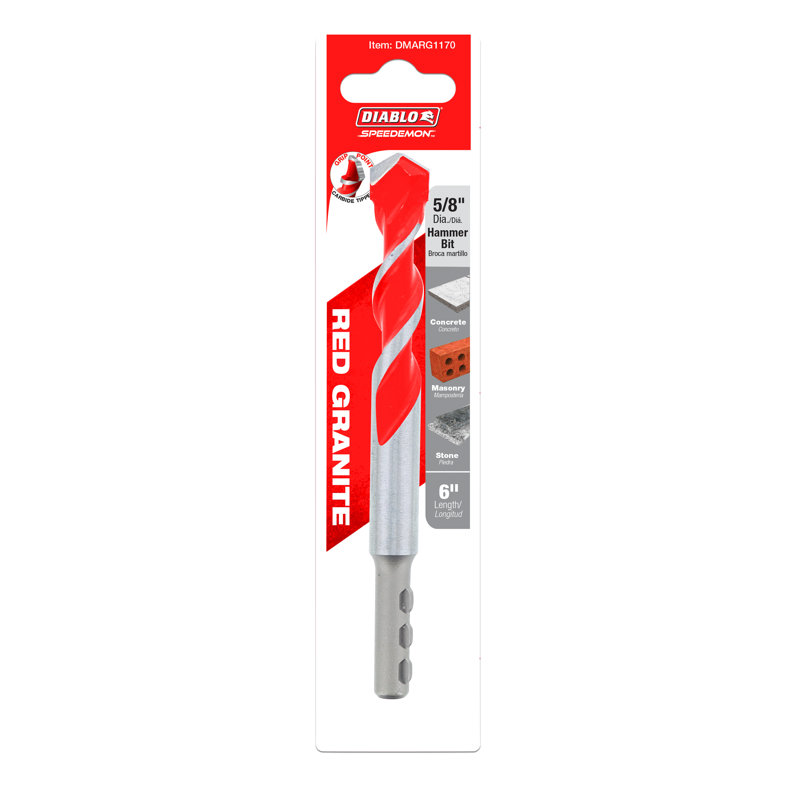 Diablo SPEEDemon 5/8 inch red and gray carbide tipped hammer drill bit in retail packaging.