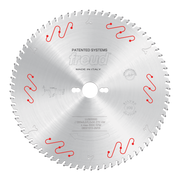 Circular saw blade with silver finish, gray teeth around perimeter, white center hole, and red curved markings around edges.