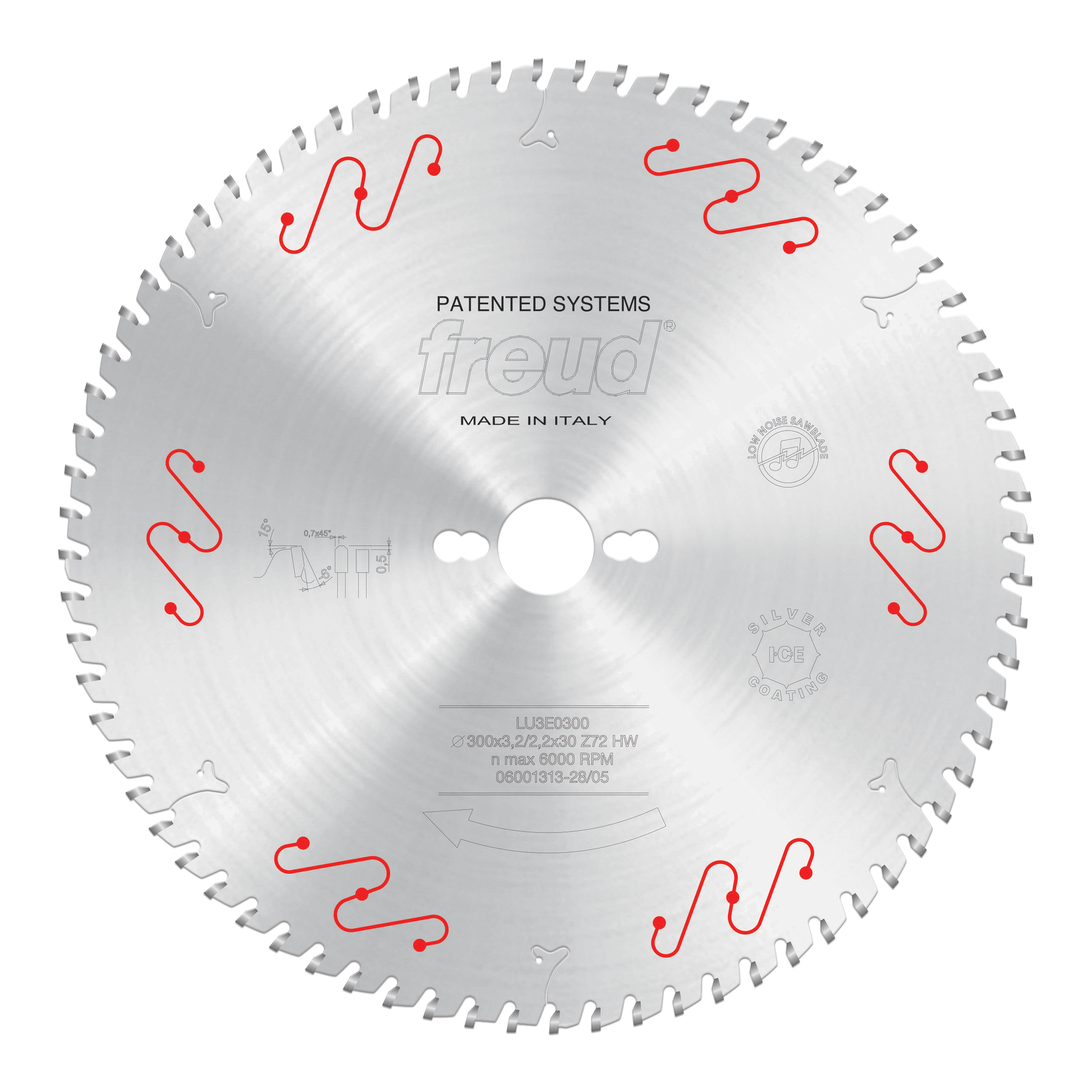 Circular saw blade with silver finish, gray teeth around perimeter, white center hole, and red curved markings around edges.