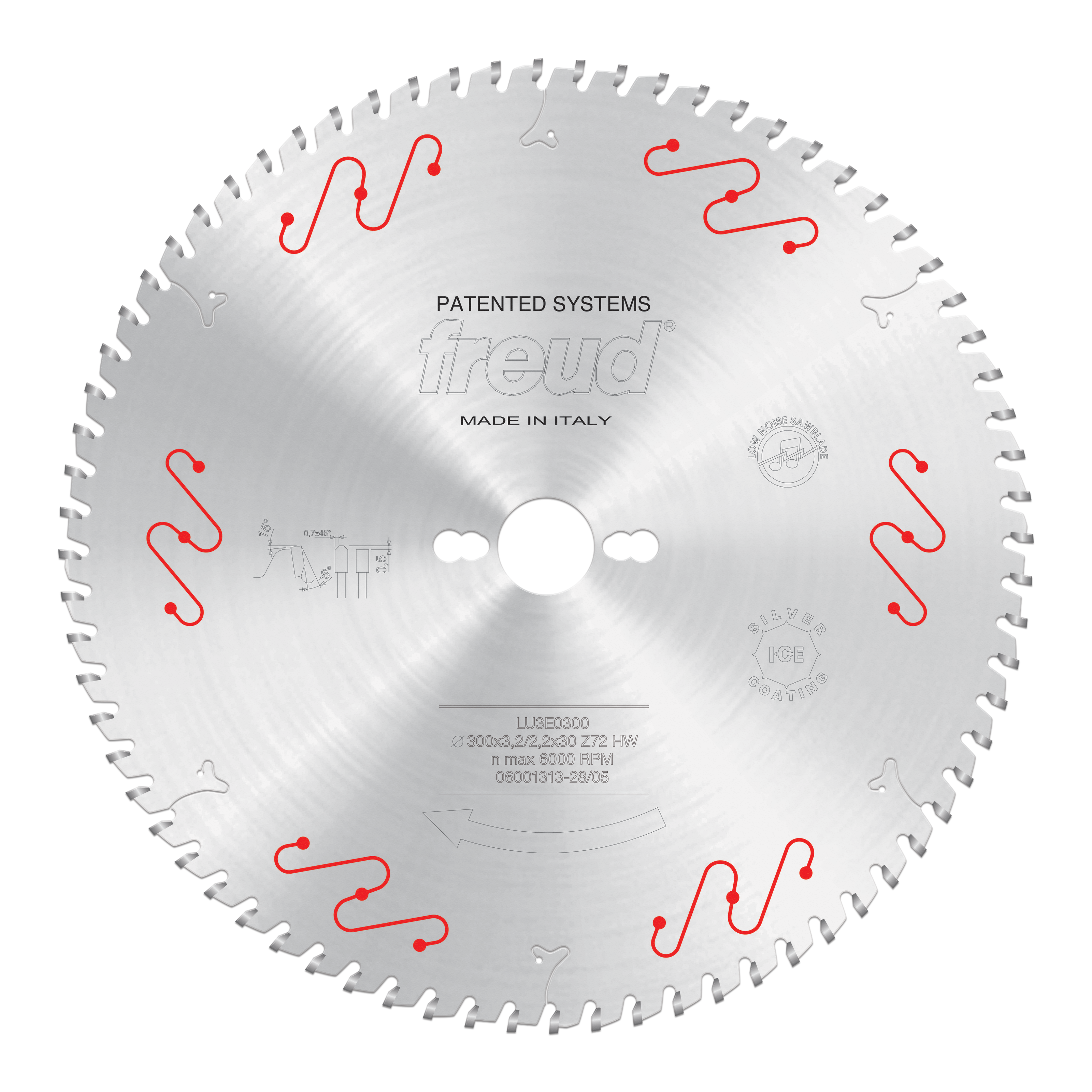 Circular saw blade with silver finish, gray teeth around perimeter, white center hole, and red curved markings around edges.