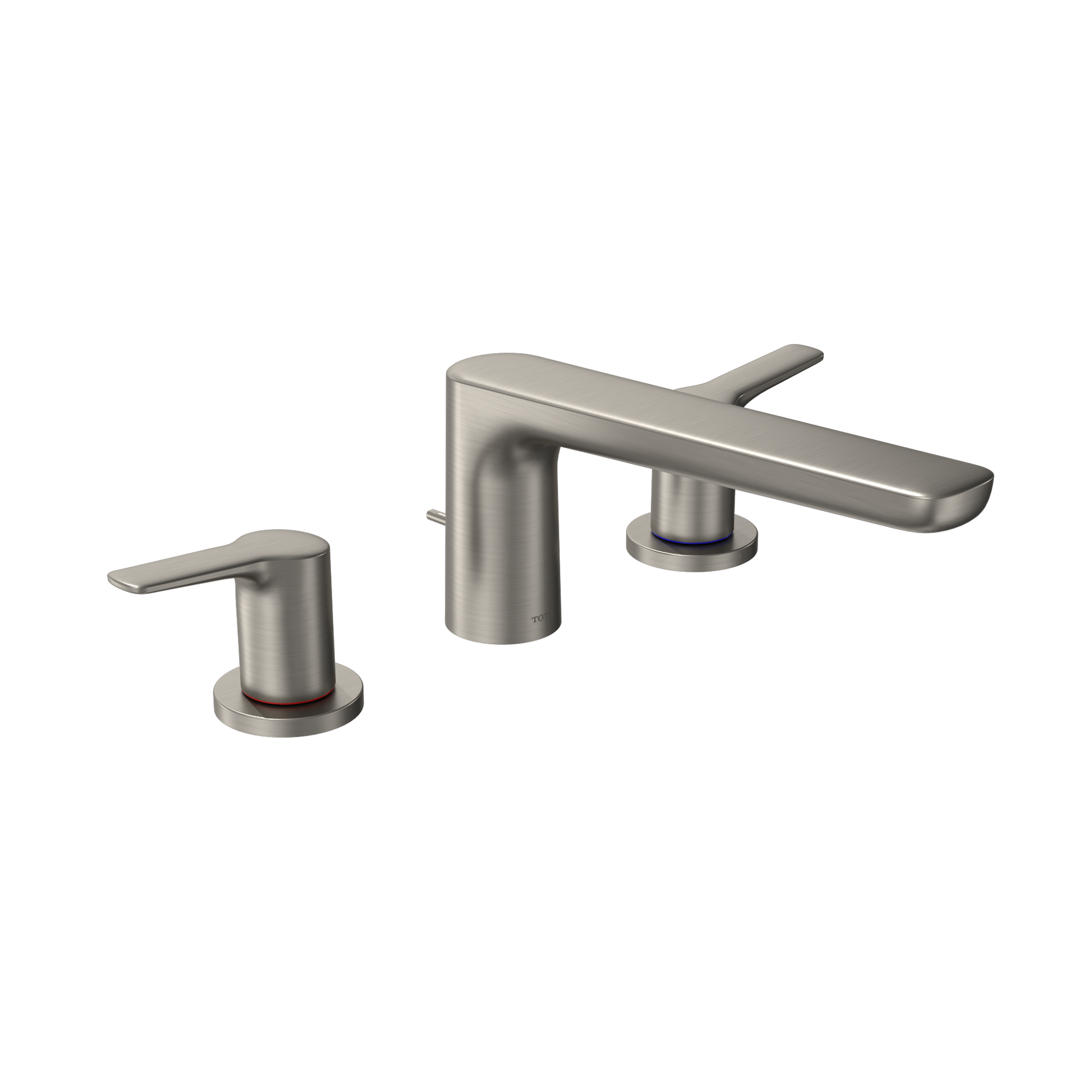Brushed nickel two-handle roman tub filler with curved spout and cylindrical handles on round bases.