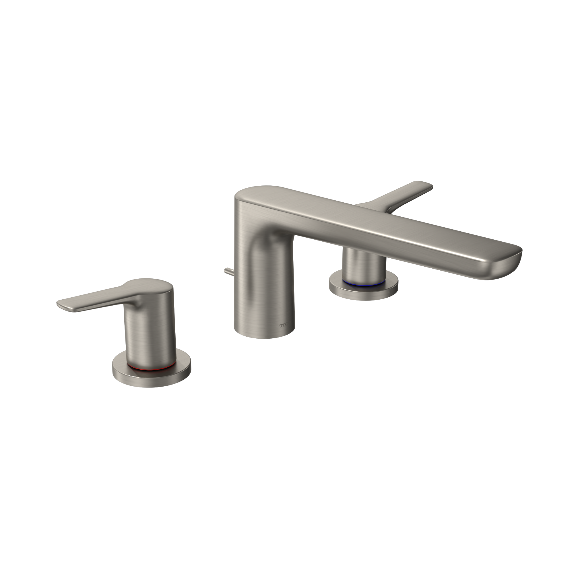 Brushed nickel two-handle roman tub filler with curved spout and cylindrical handles on round bases.
