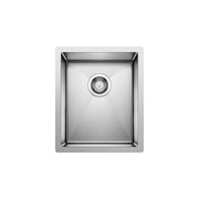 Stainless steel single bowl undermount sink with drain strainer, viewed from above.