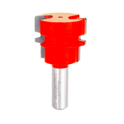 Red and gray reversible glue joint router bit with cylindrical shank and profiled cutting head.