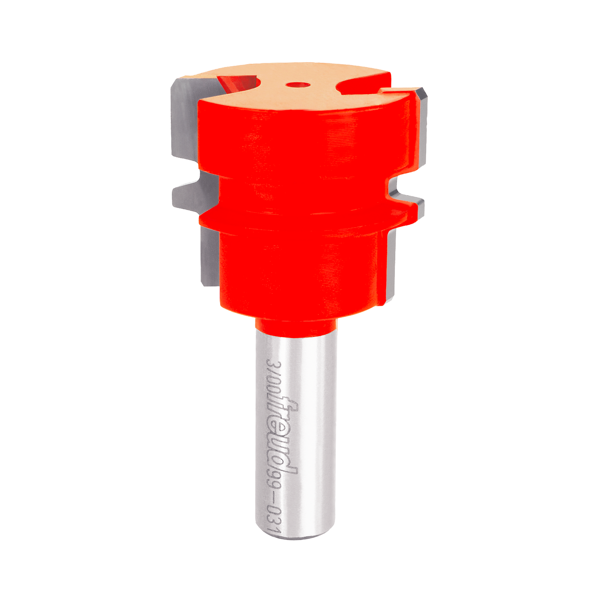 Red and gray reversible glue joint router bit with cylindrical shank and profiled cutting head.