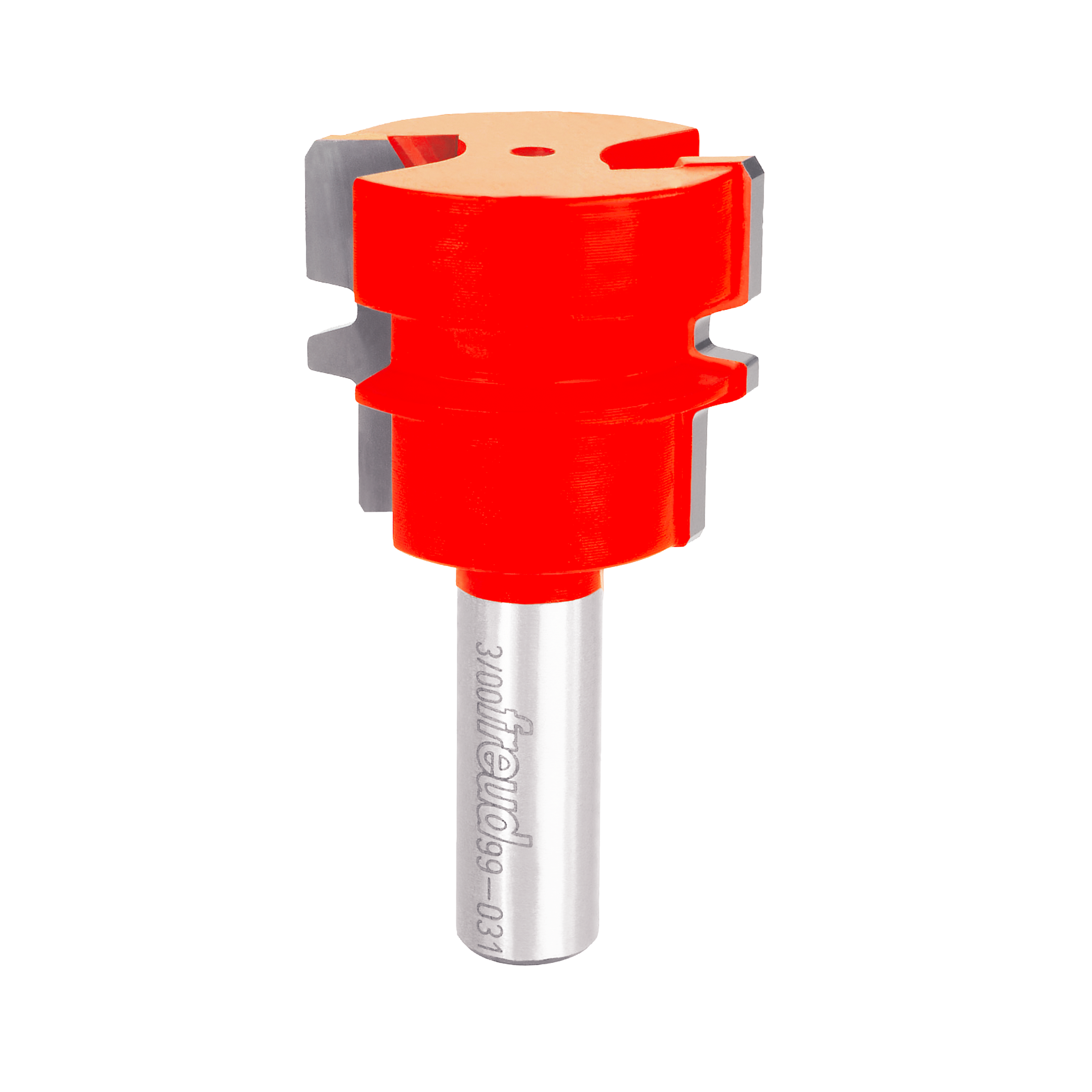 Red and gray reversible glue joint router bit with cylindrical shank and profiled cutting head.