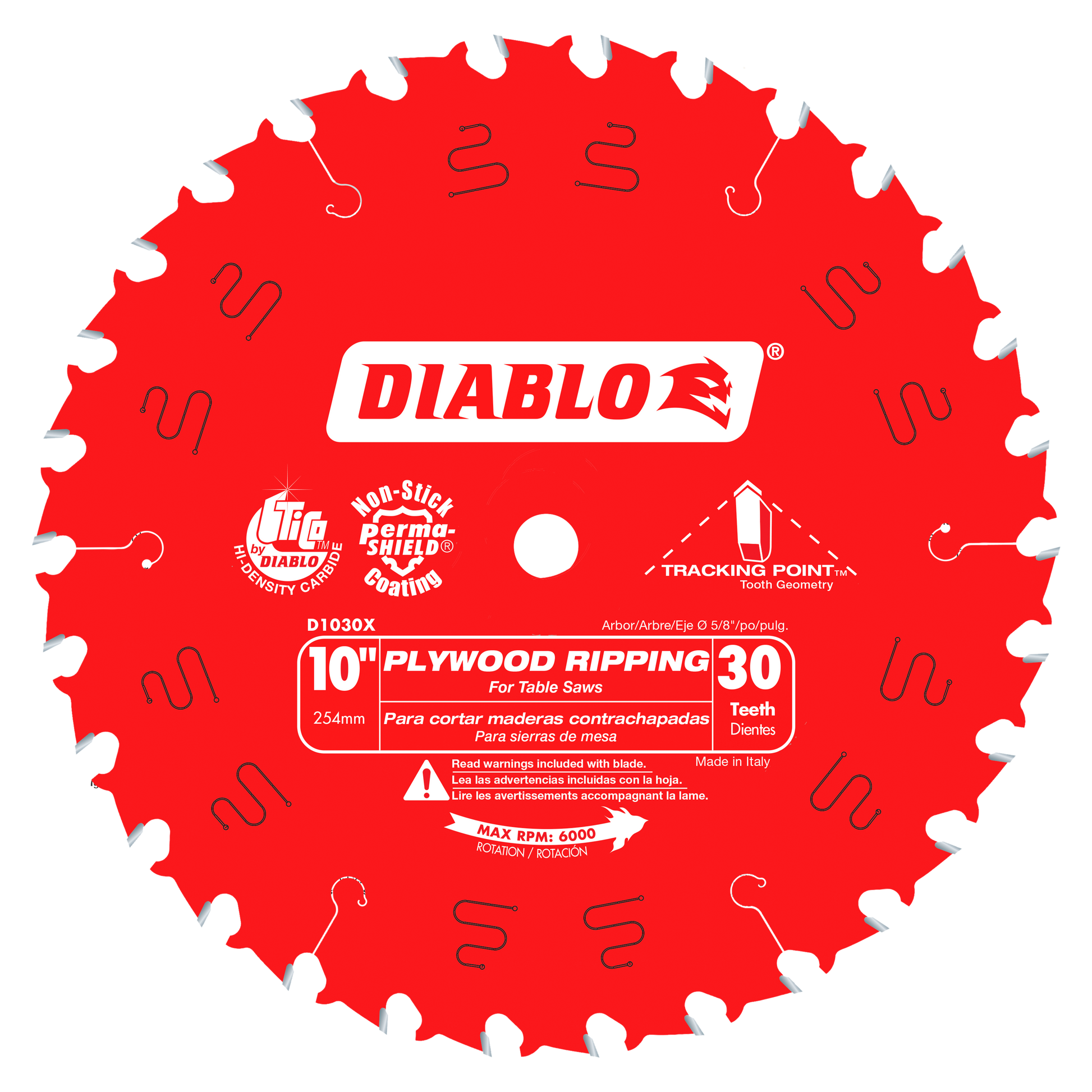 Red circular saw blade with 30 white teeth around the edge and Diablo branding on the center.