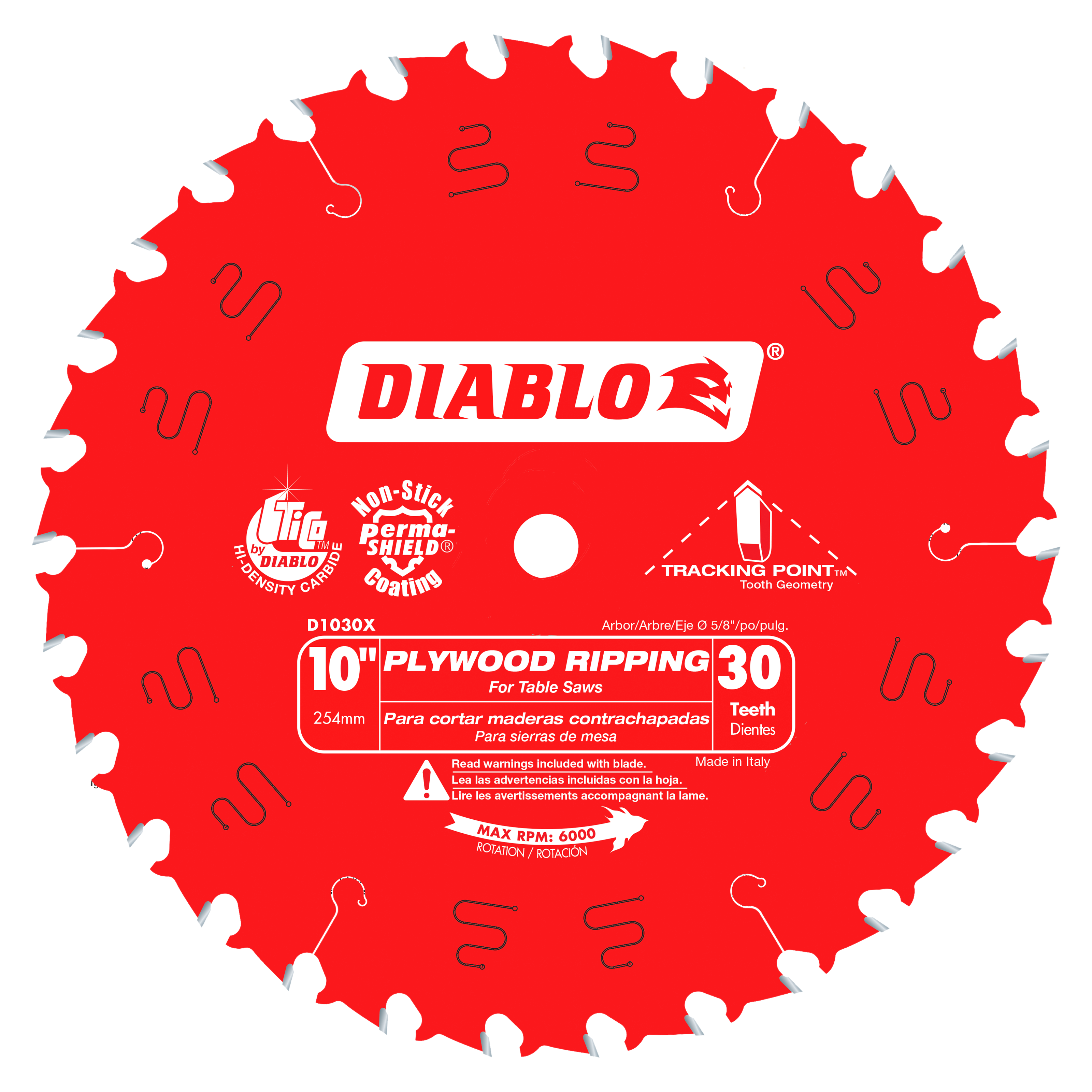 Red circular saw blade with 30 white teeth around the edge and Diablo branding on the center.
