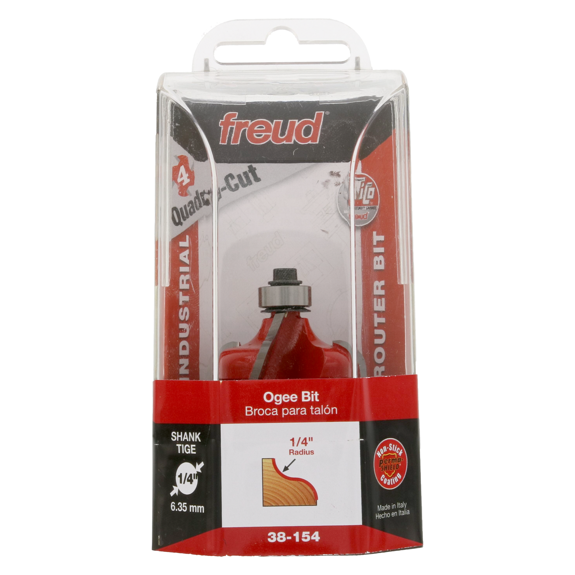 Freud 1-1/2" ogee router bit with red cutting head and 1/4" shank in clear plastic packaging.