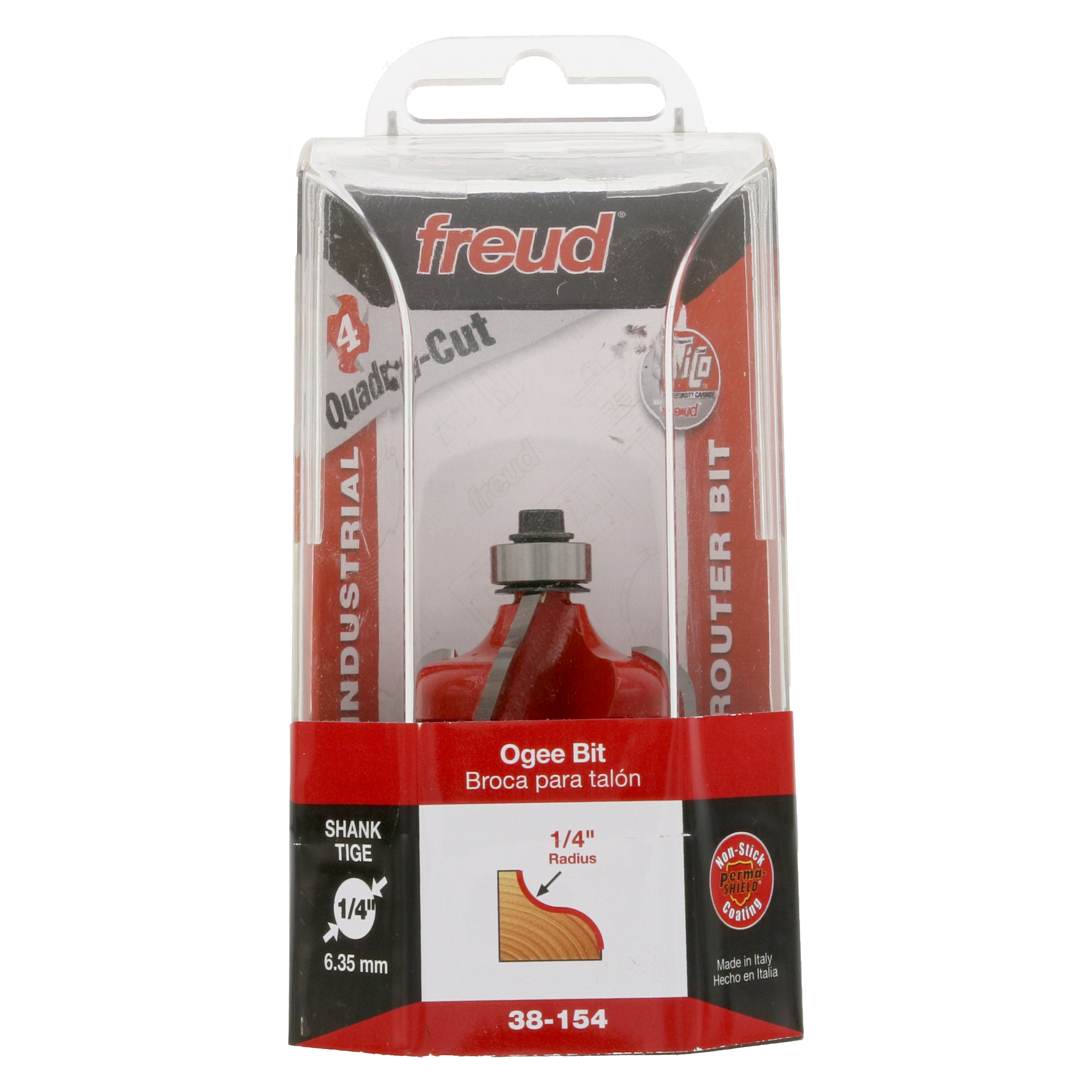 Freud 1-1/2" ogee router bit with red cutting head and 1/4" shank in clear plastic packaging.