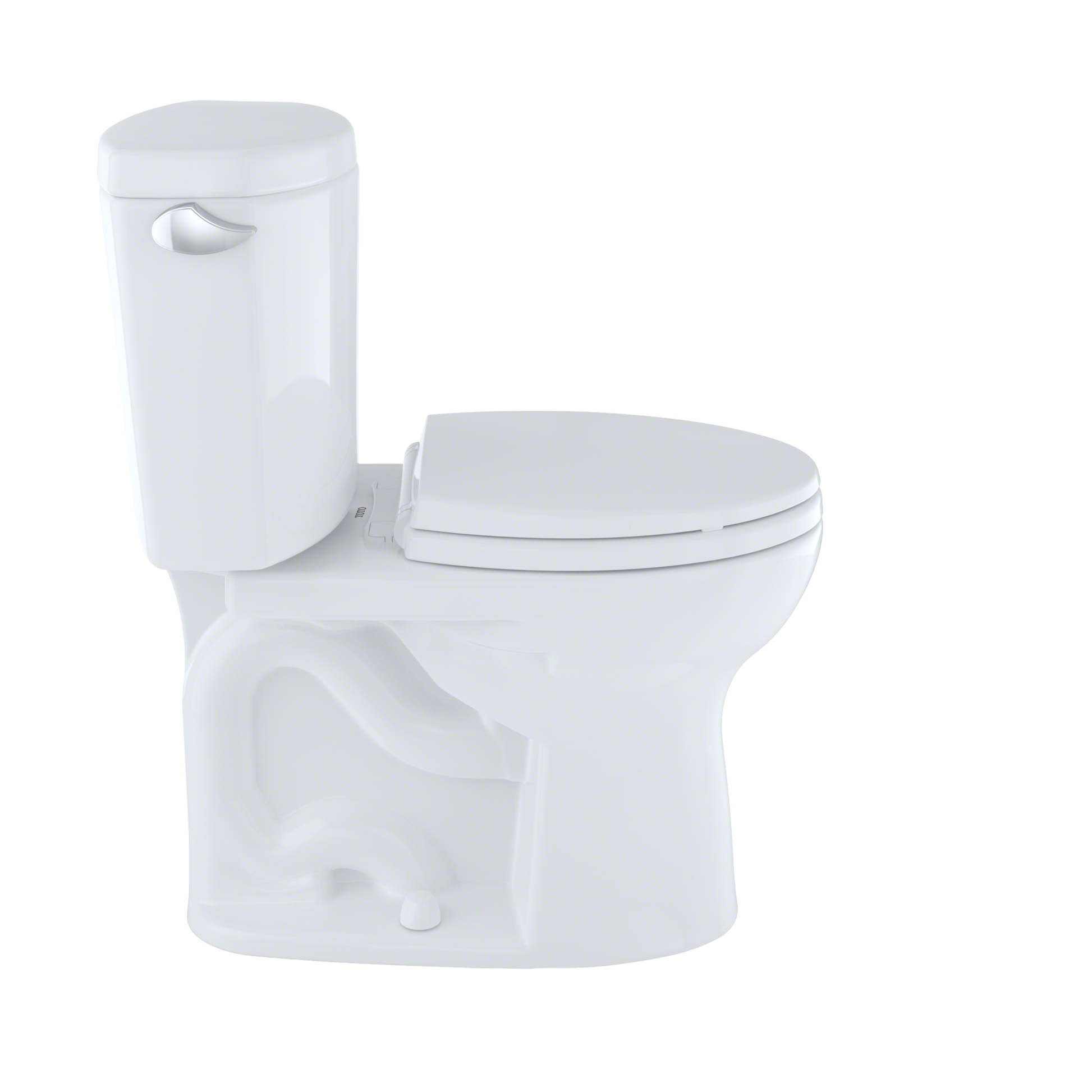 White two-piece toilet with round bowl, closed seat lid, and separate tank with handle.