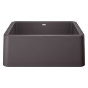 Cinder-colored single bowl farmhouse sink with apron front and rounded corners, viewed from above at an angle.