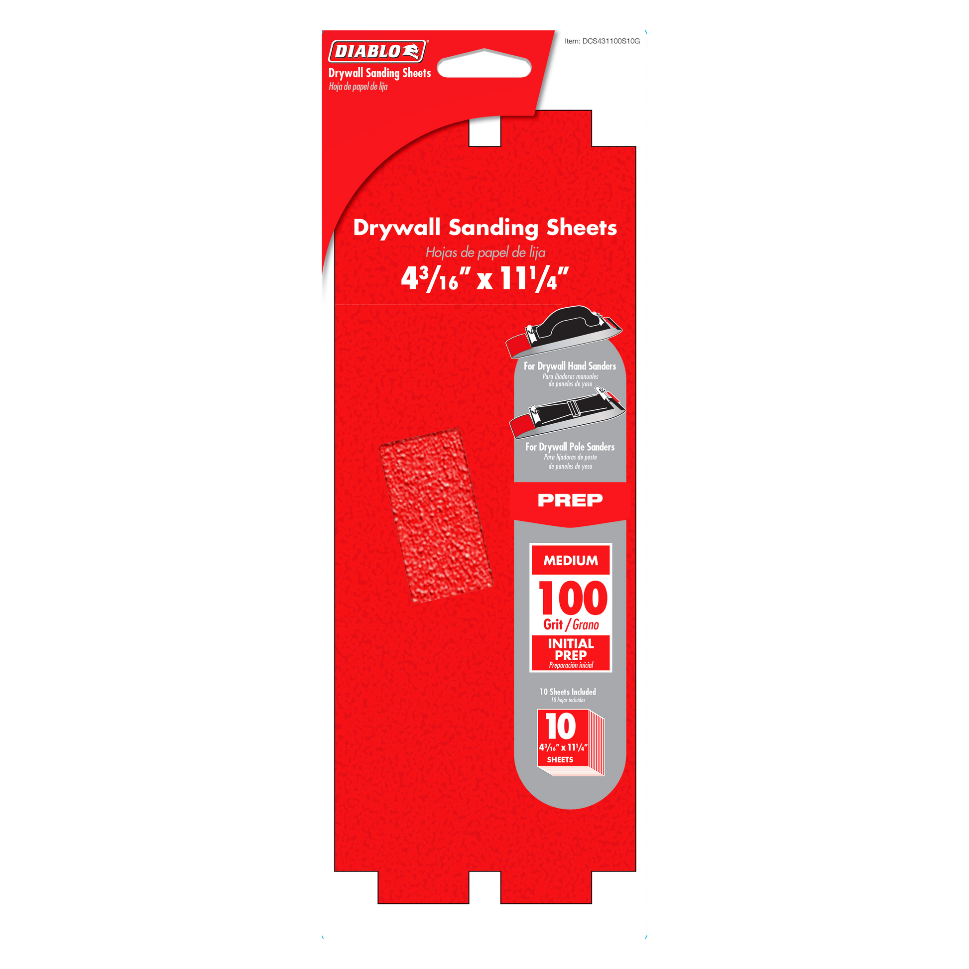 Red Diablo packaging for 10-piece drywall sanding sheets, 4-3/16 by 11-1/4 inches, 100-grit medium grade.
