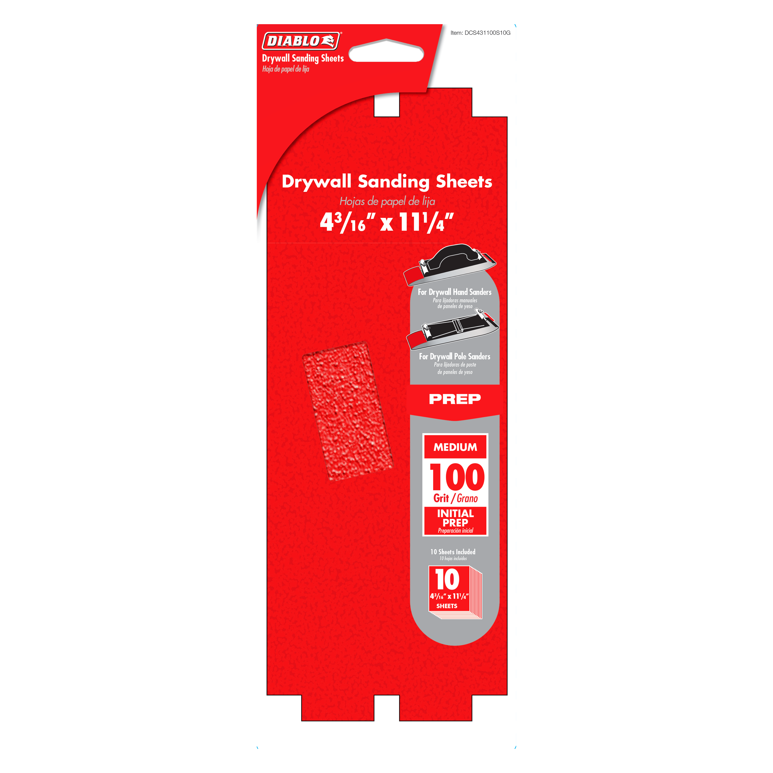 Red Diablo packaging for 10-piece drywall sanding sheets, 4-3/16 by 11-1/4 inches, 100-grit medium grade.