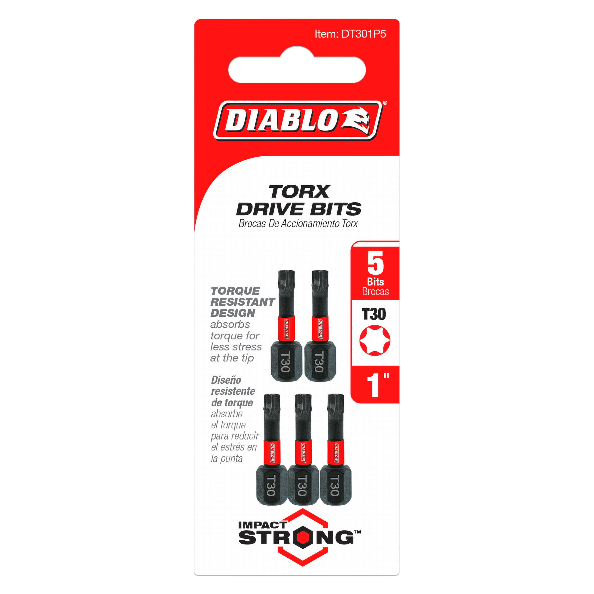 Five black and red Diablo Torx T30 drive bits, 1 inch length, on red and white packaging card.