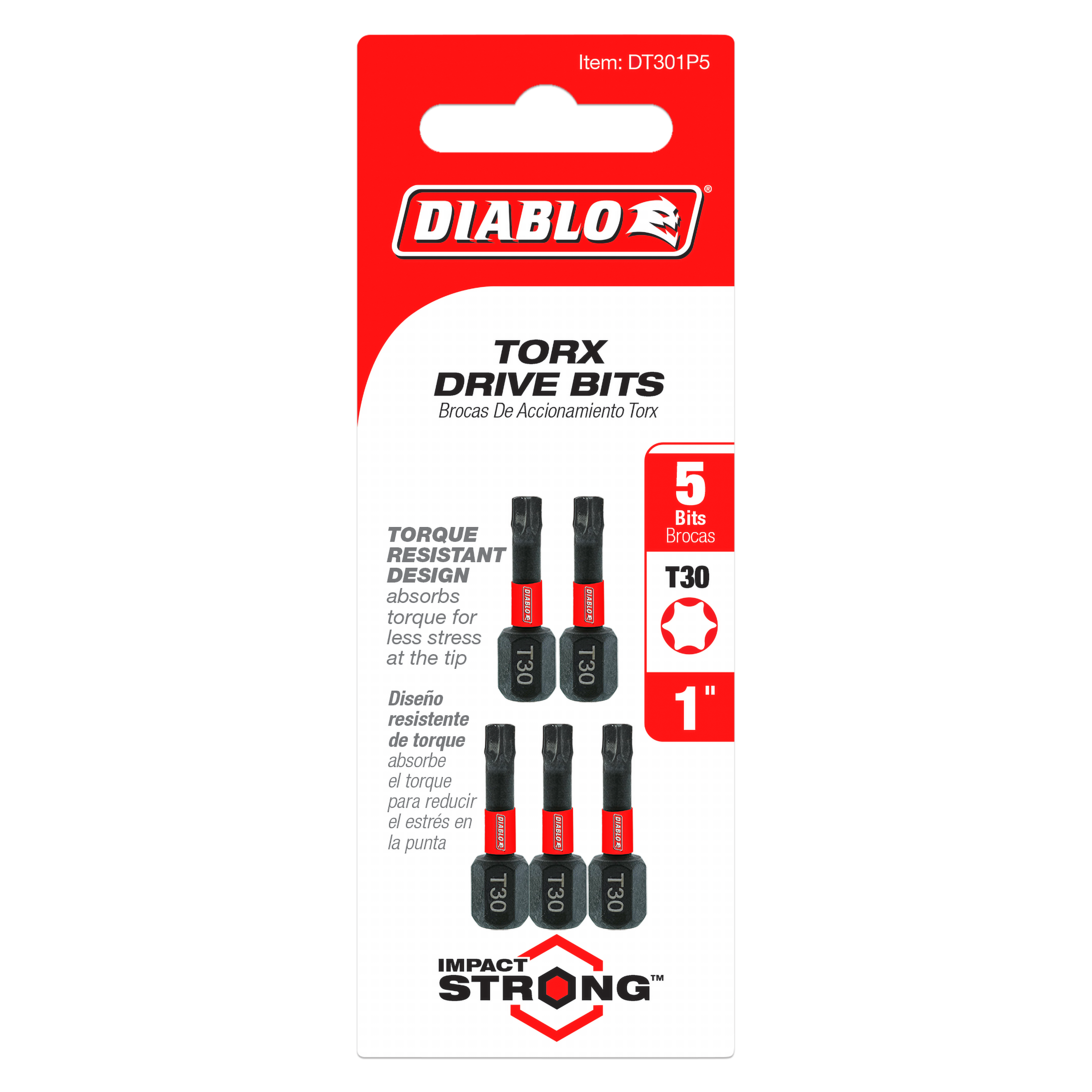 Five black and red Diablo Torx T30 drive bits, 1 inch length, on red and white packaging card.