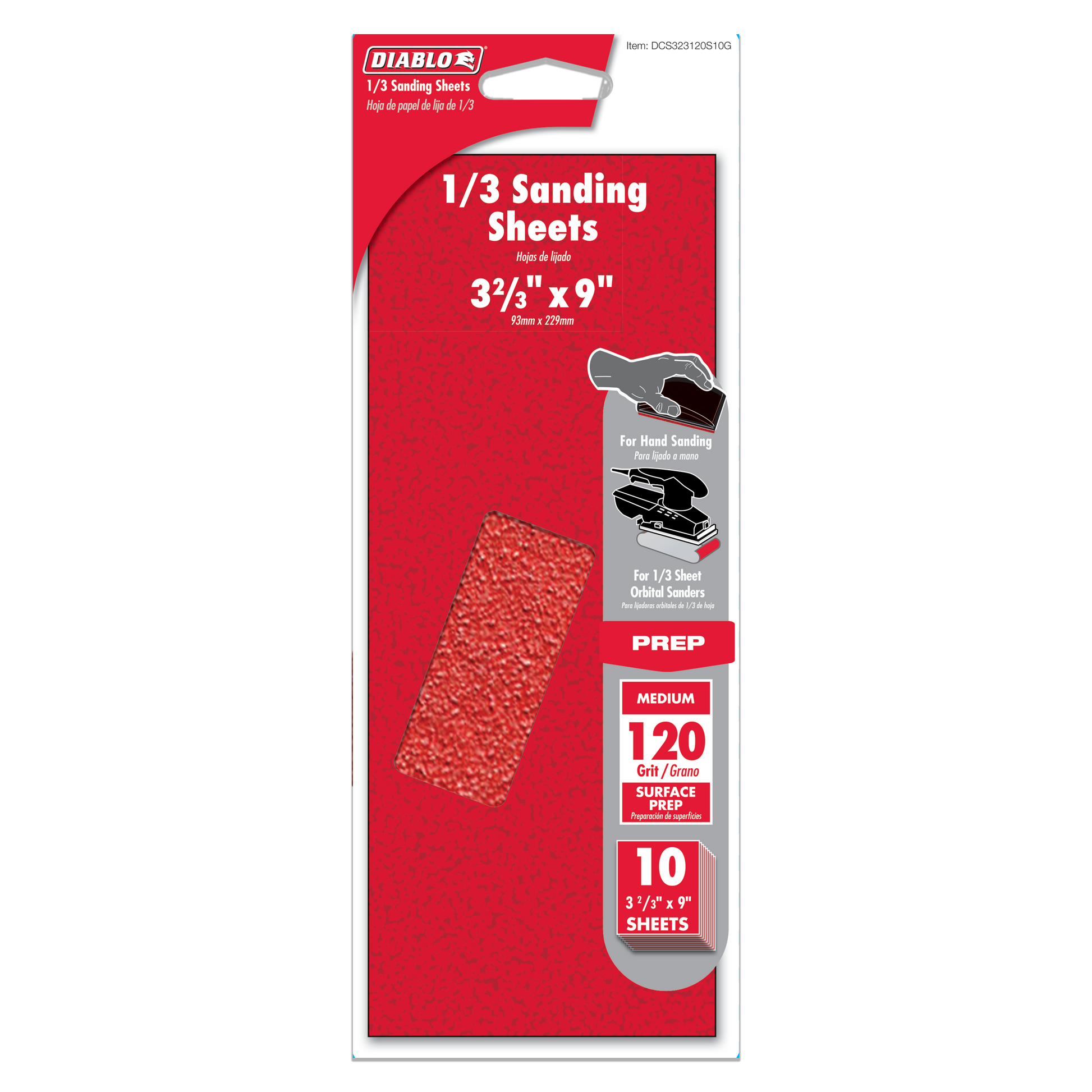 Diablo 1/3 sanding sheets, 120-grit medium, 3⅔ in. x 9 in., 10-piece pack with red textured surface.