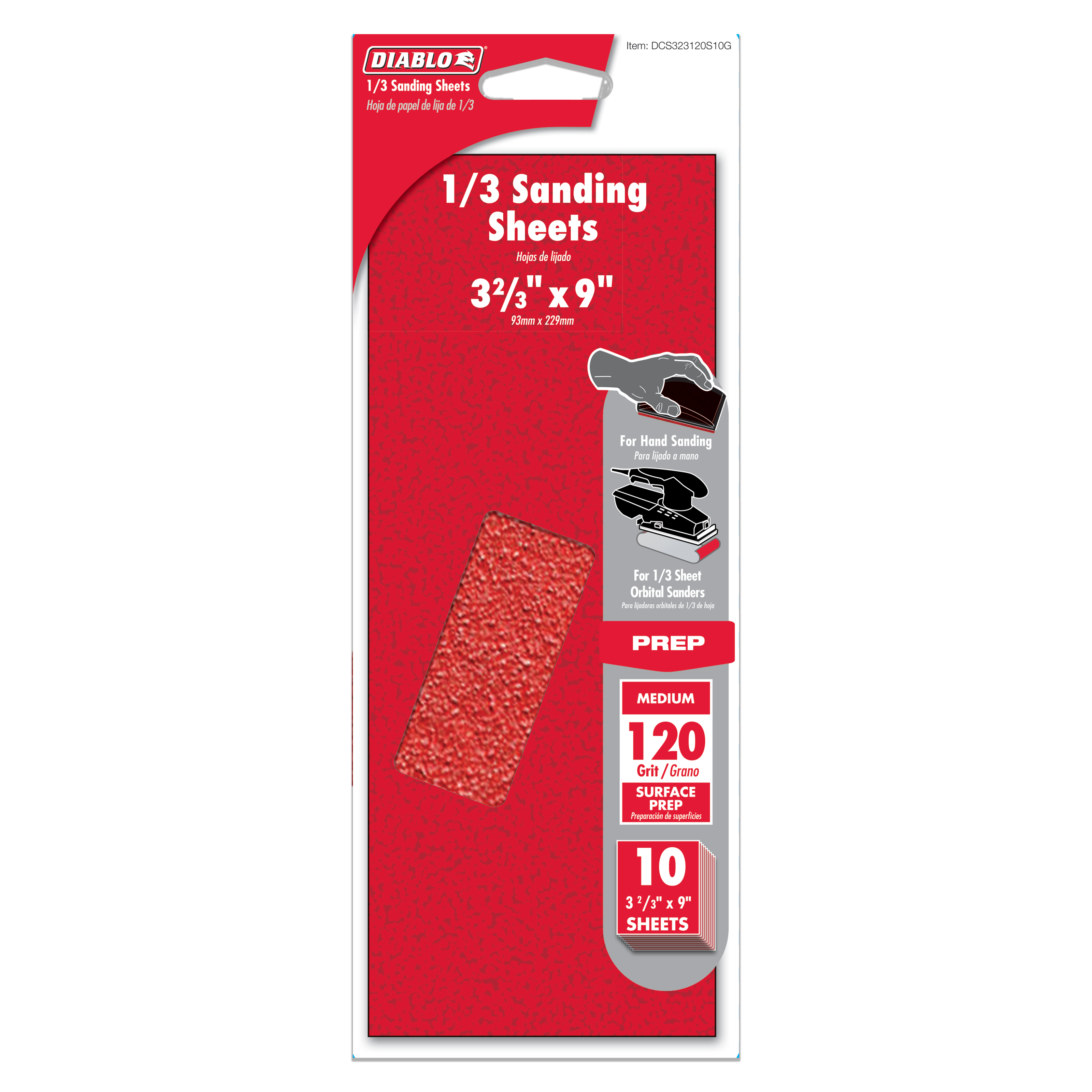 Diablo 1/3 sanding sheets, 120-grit medium, 3⅔ in. x 9 in., 10-piece pack with red textured surface.