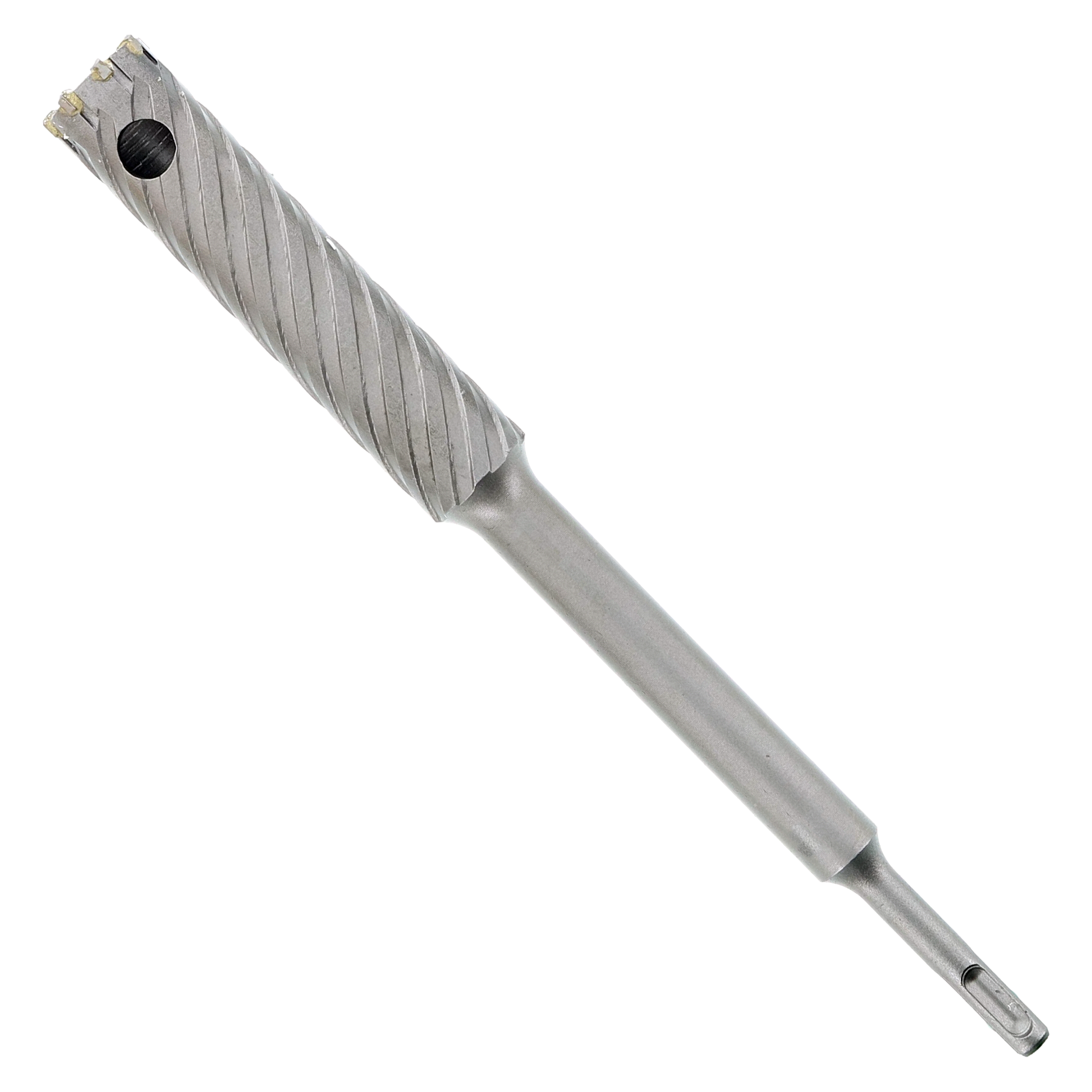 Gray SDS-Plus rebar cutter with spiral flutes and multi-tooth cutting head.