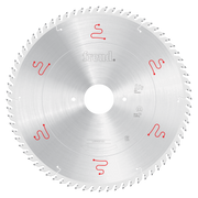 Circular saw blade with silver body, white center hole, and multiple small teeth around edge marked with red product codes.
