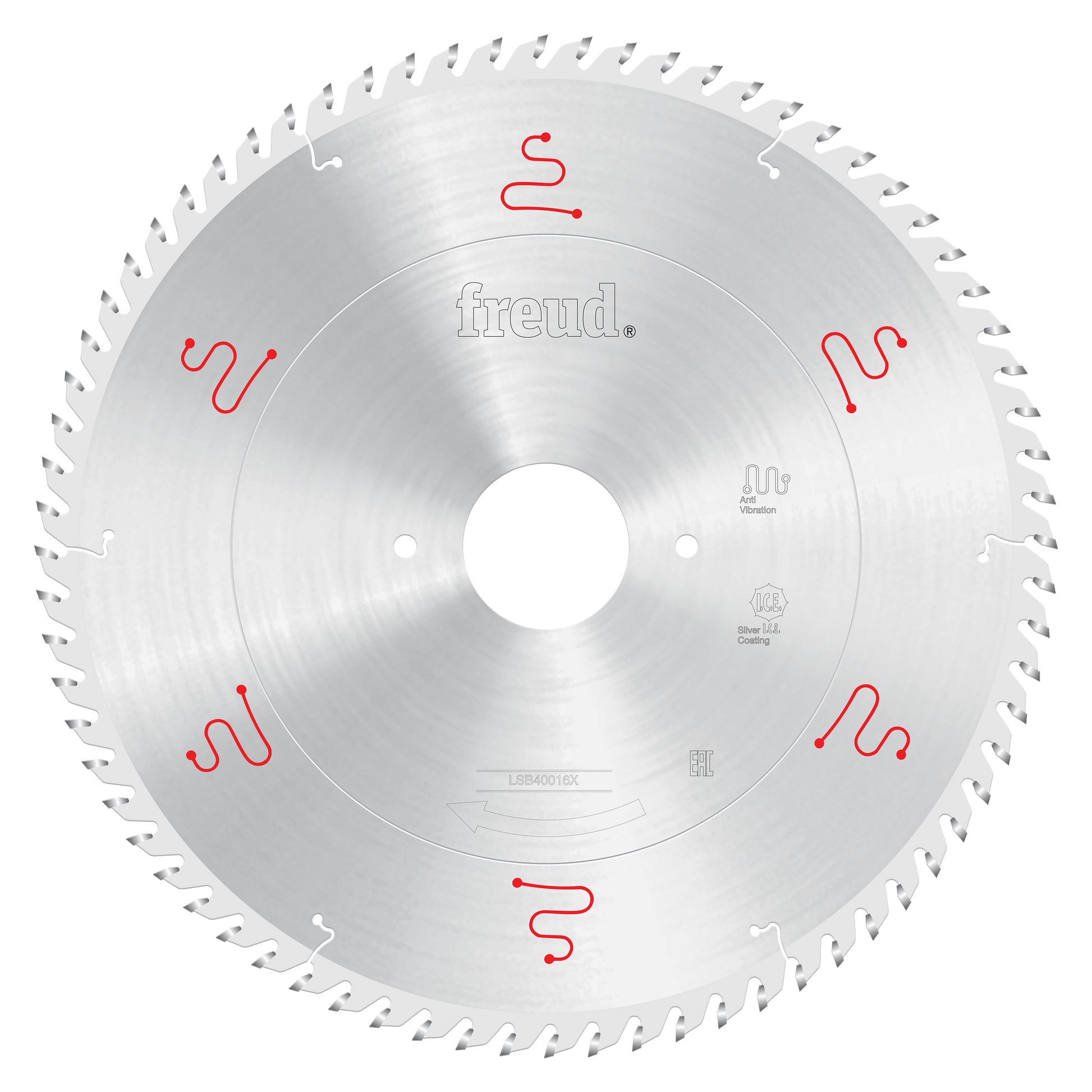 Circular saw blade with silver body, white center hole, and multiple small teeth around edge marked with red product codes.