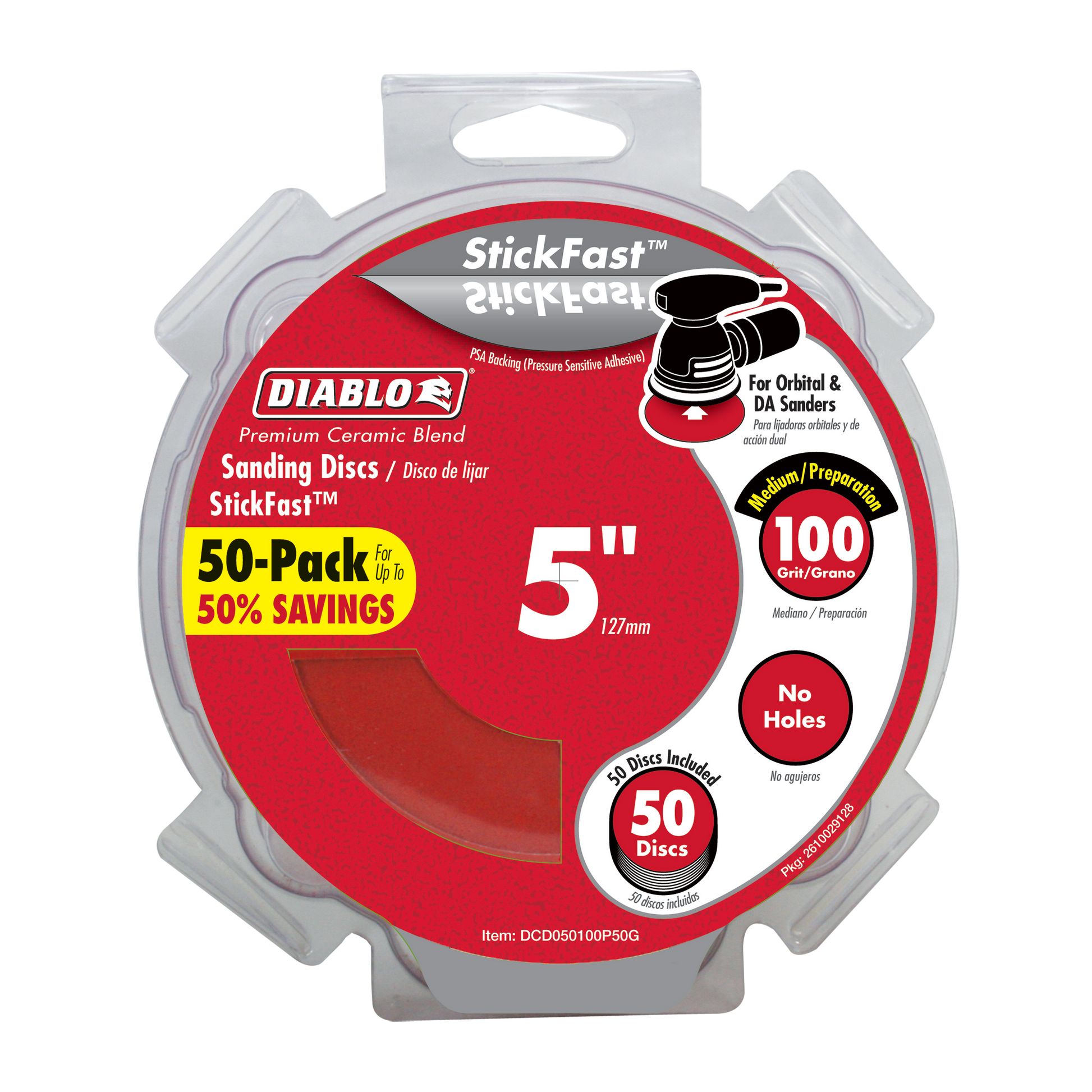 Pack of 50 red 5-inch sanding discs with StickFast adhesive backing and 100-grit ceramic blend for orbital sanders.