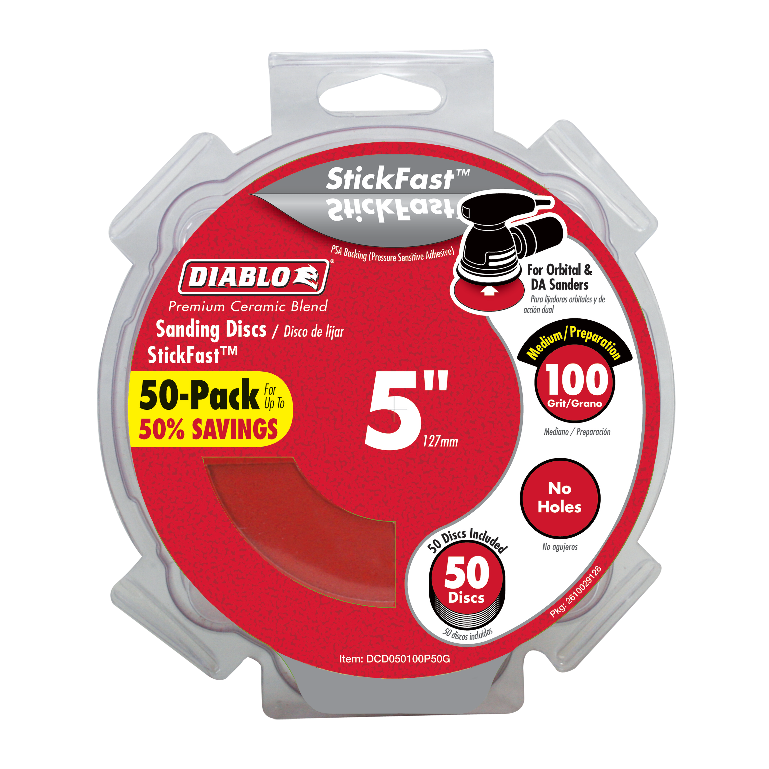 Pack of 50 red 5-inch sanding discs with StickFast adhesive backing and 100-grit ceramic blend for orbital sanders.