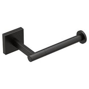 Matte black wall-mounted paper holder with square backplate and horizontal rod.