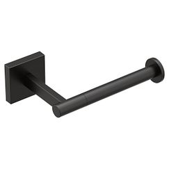 Matte black wall-mounted paper holder with square backplate and horizontal rod.