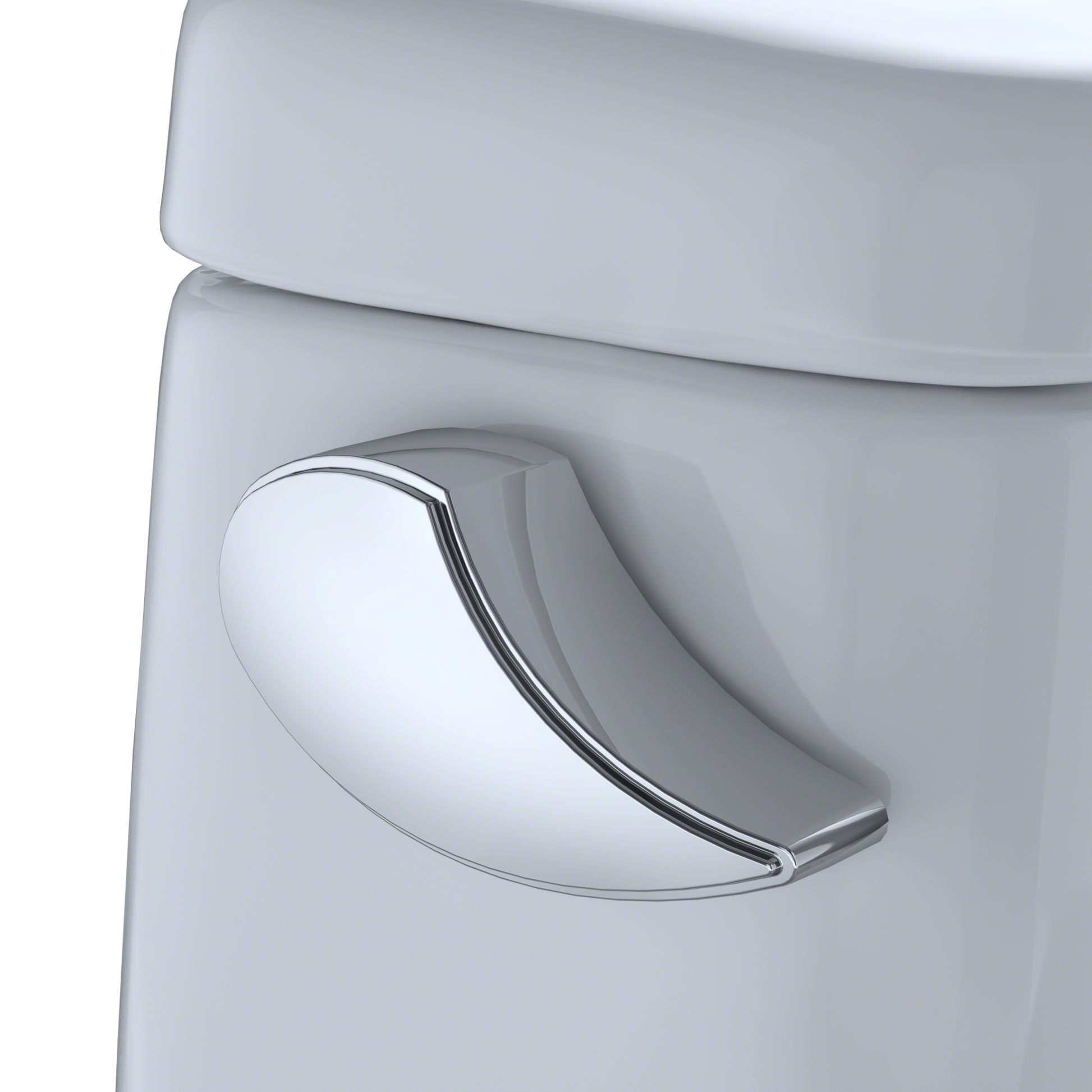 White one-piece elongated toilet with soft-close seat and chrome handle detail.