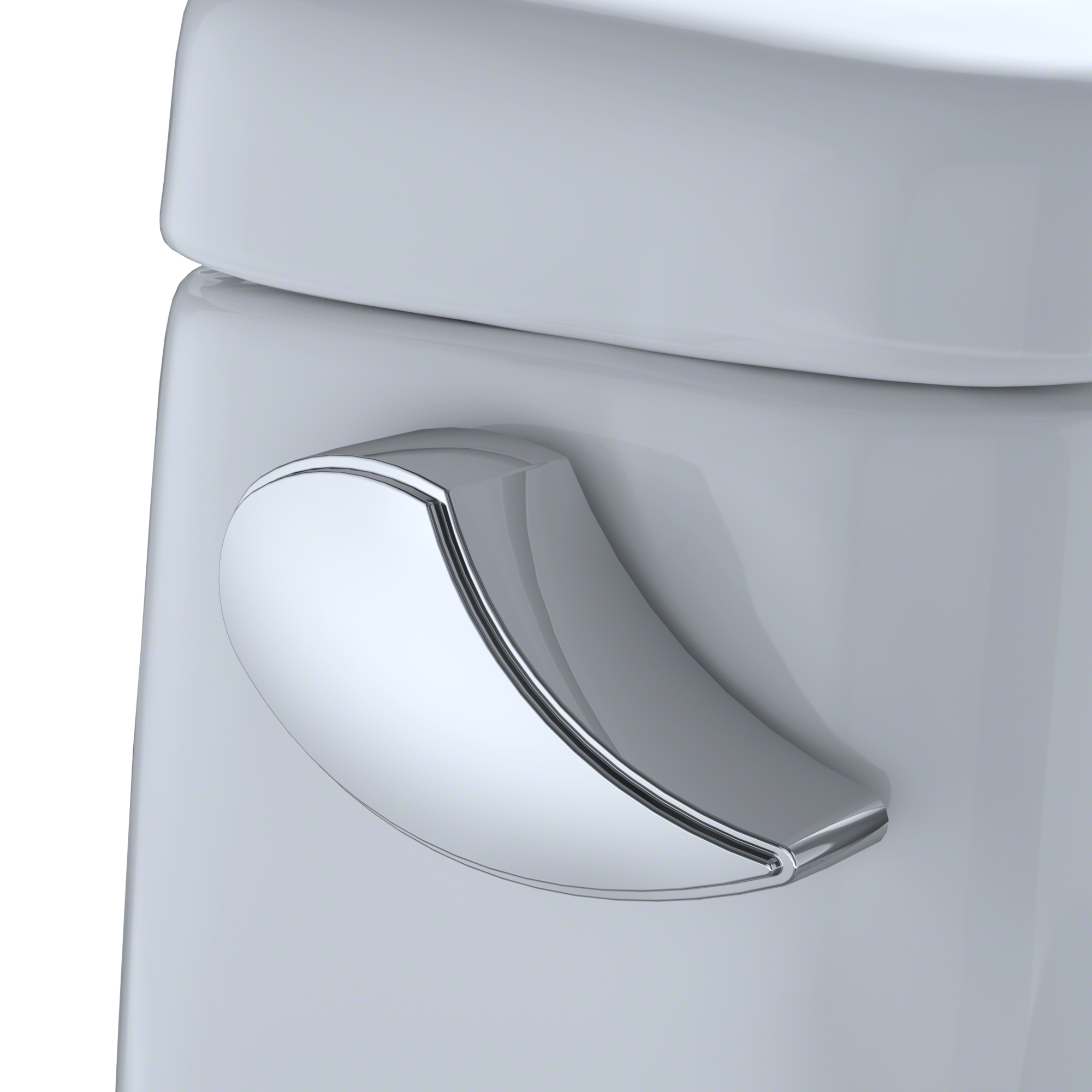 White one-piece elongated toilet with soft-close seat and chrome handle detail.