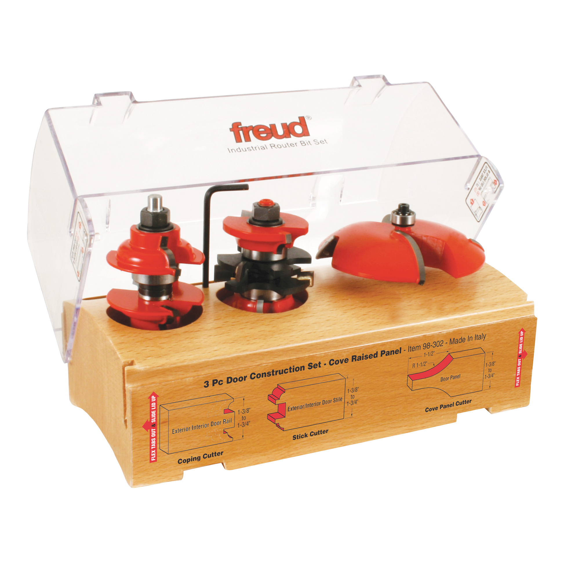 Three red router bits with black handles mounted on a wooden base in a clear plastic case labeled Freud.