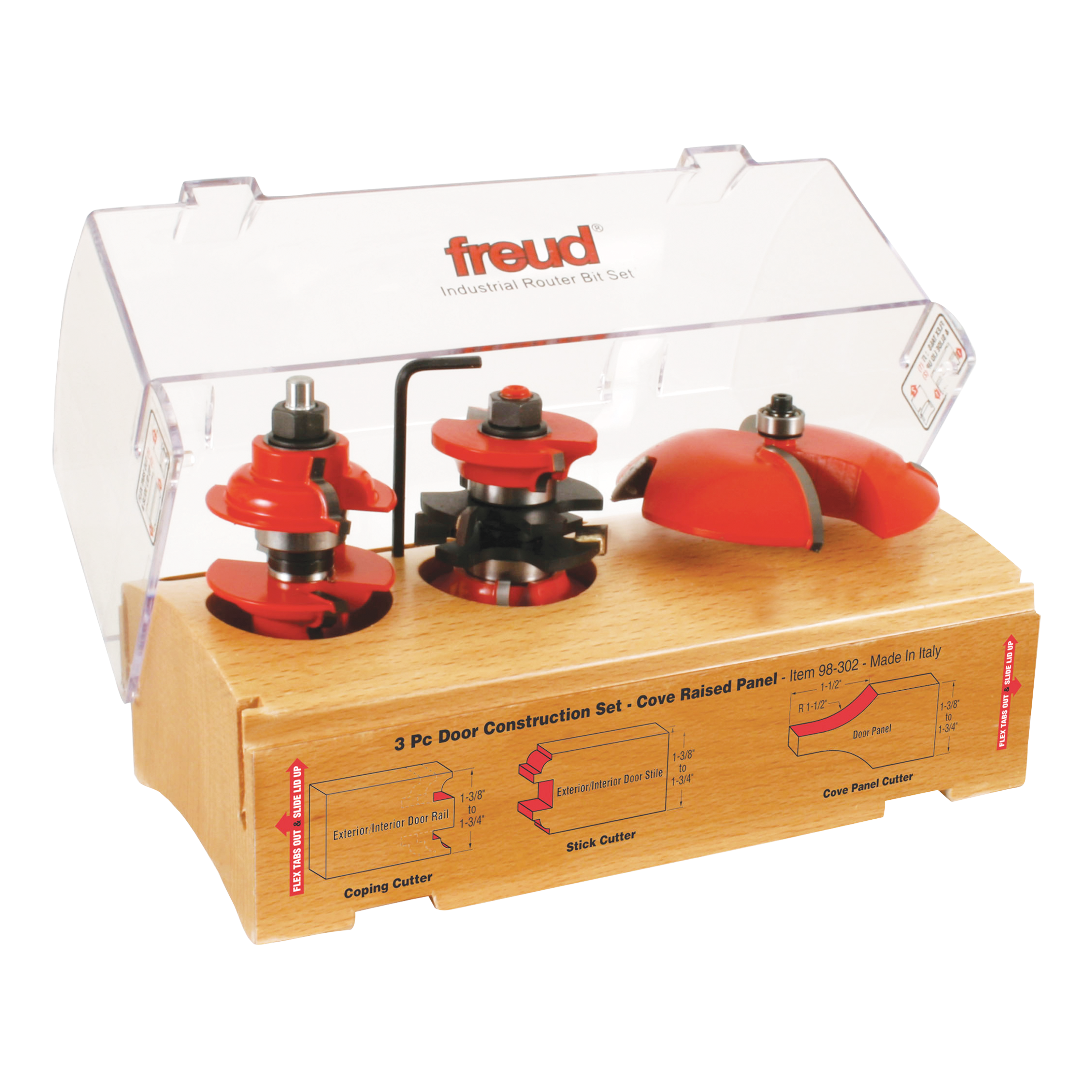 Three red router bits with black handles mounted on a wooden base in a clear plastic case labeled Freud.