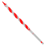 Red and gray spiral auger bit with pointed tip and hex shank on white background.
