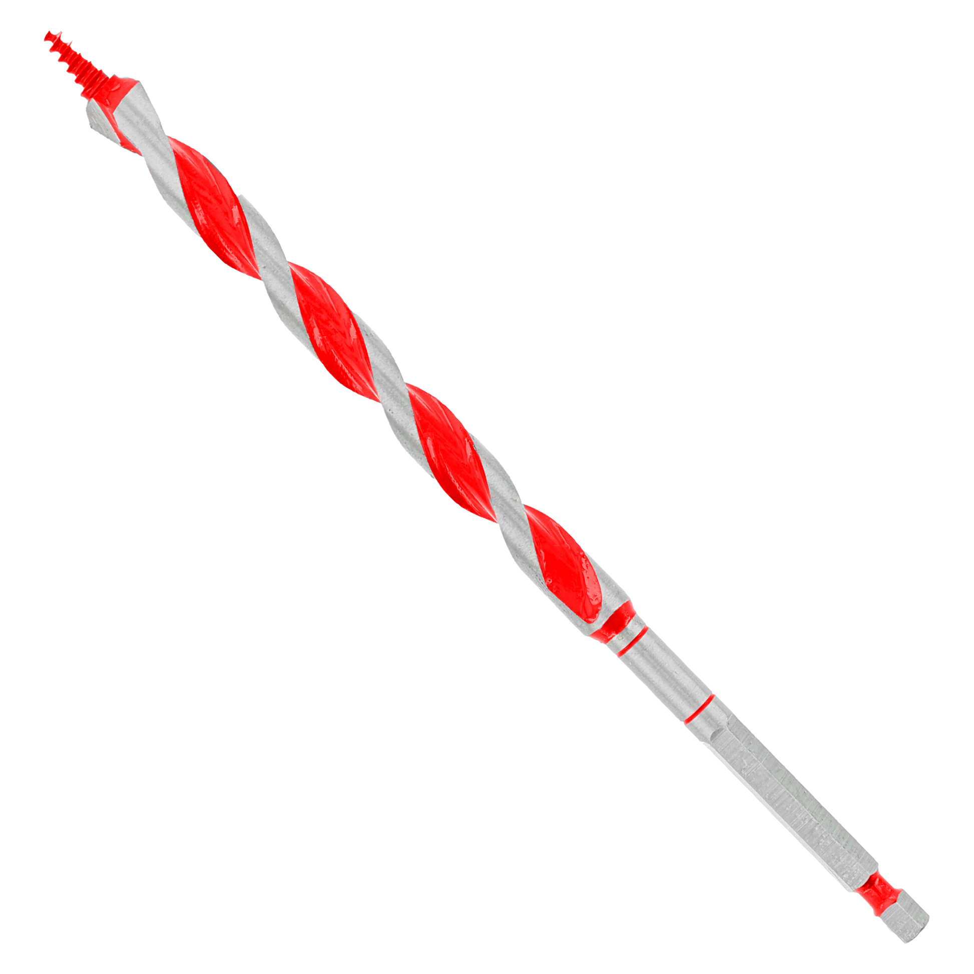 Red and gray spiral auger bit with pointed tip and hex shank on white background.