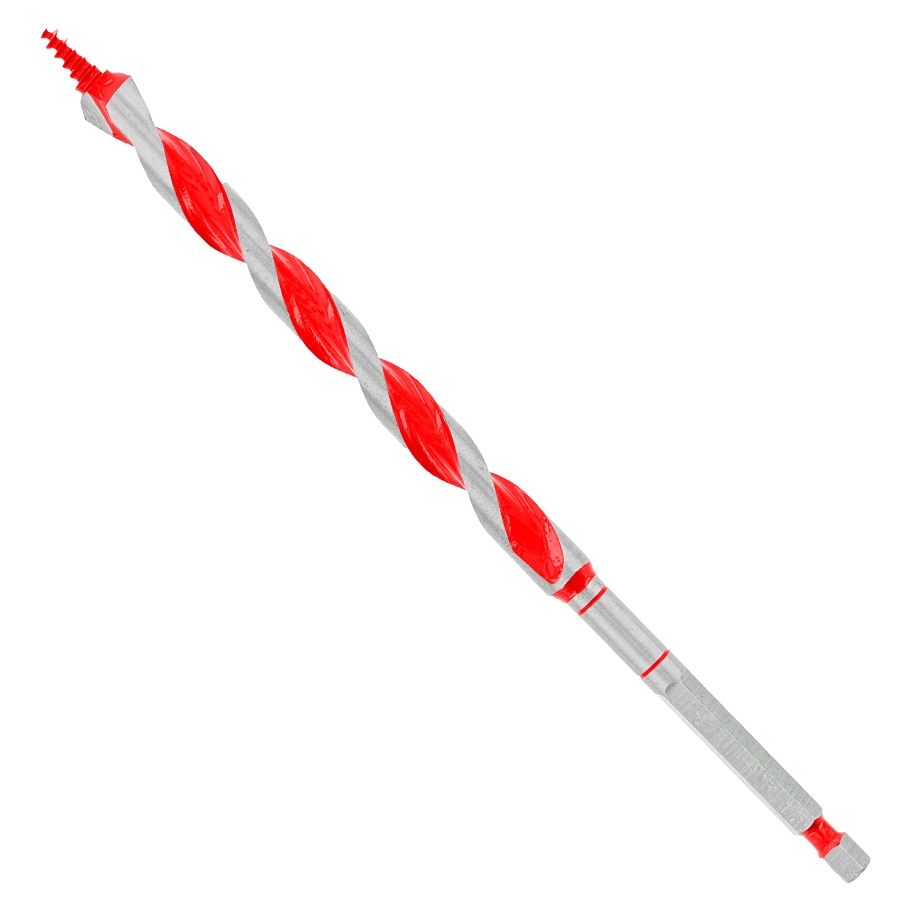 Red and gray spiral auger bit with pointed tip and hex shank on white background.