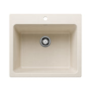 Soft white square laundry sink with single bowl, drain, and mounting hole, viewed from above.