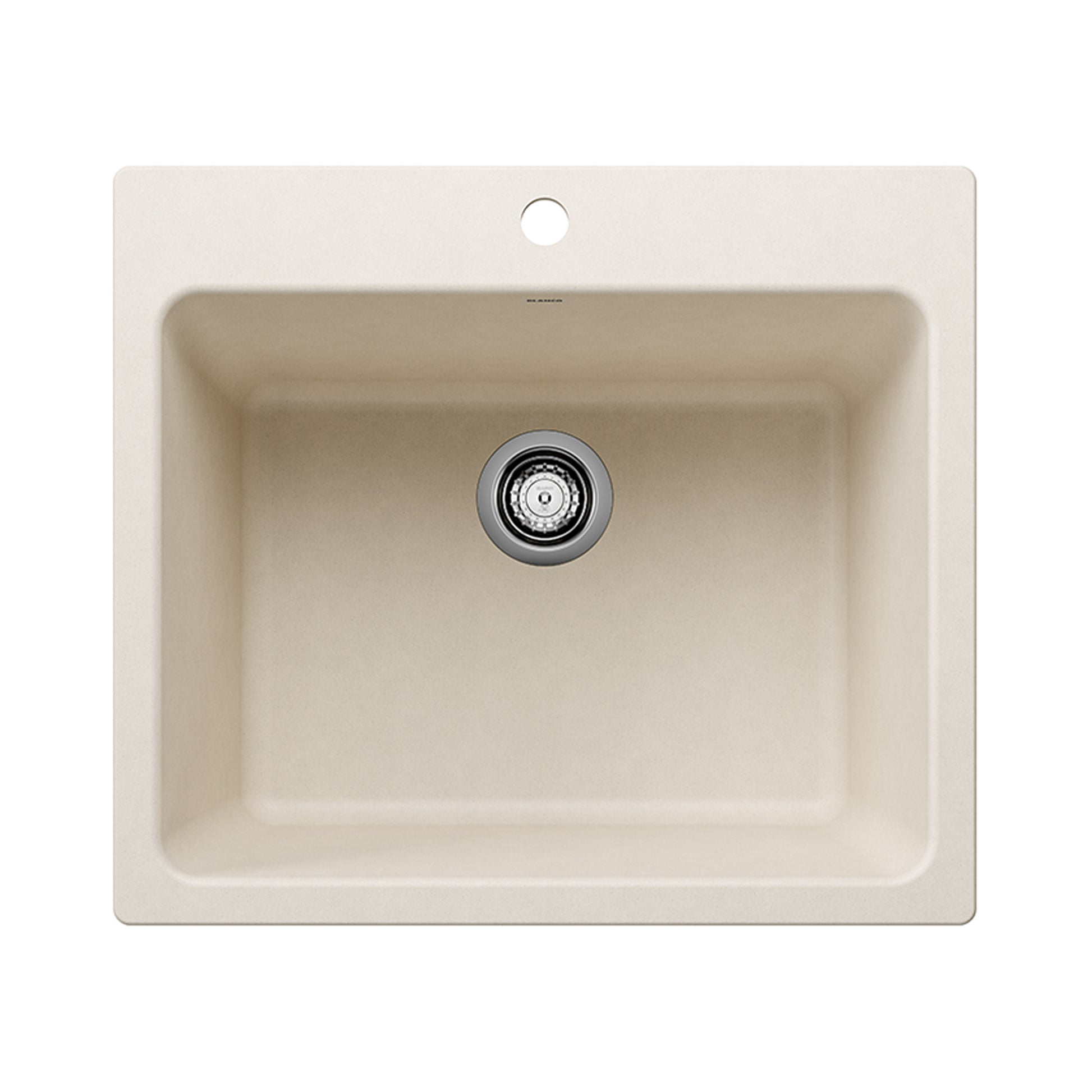Soft white square laundry sink with single bowl, drain, and mounting hole, viewed from above.