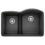 Anthracite double bowl undermount kitchen sink with low divider and chrome drain strainers.