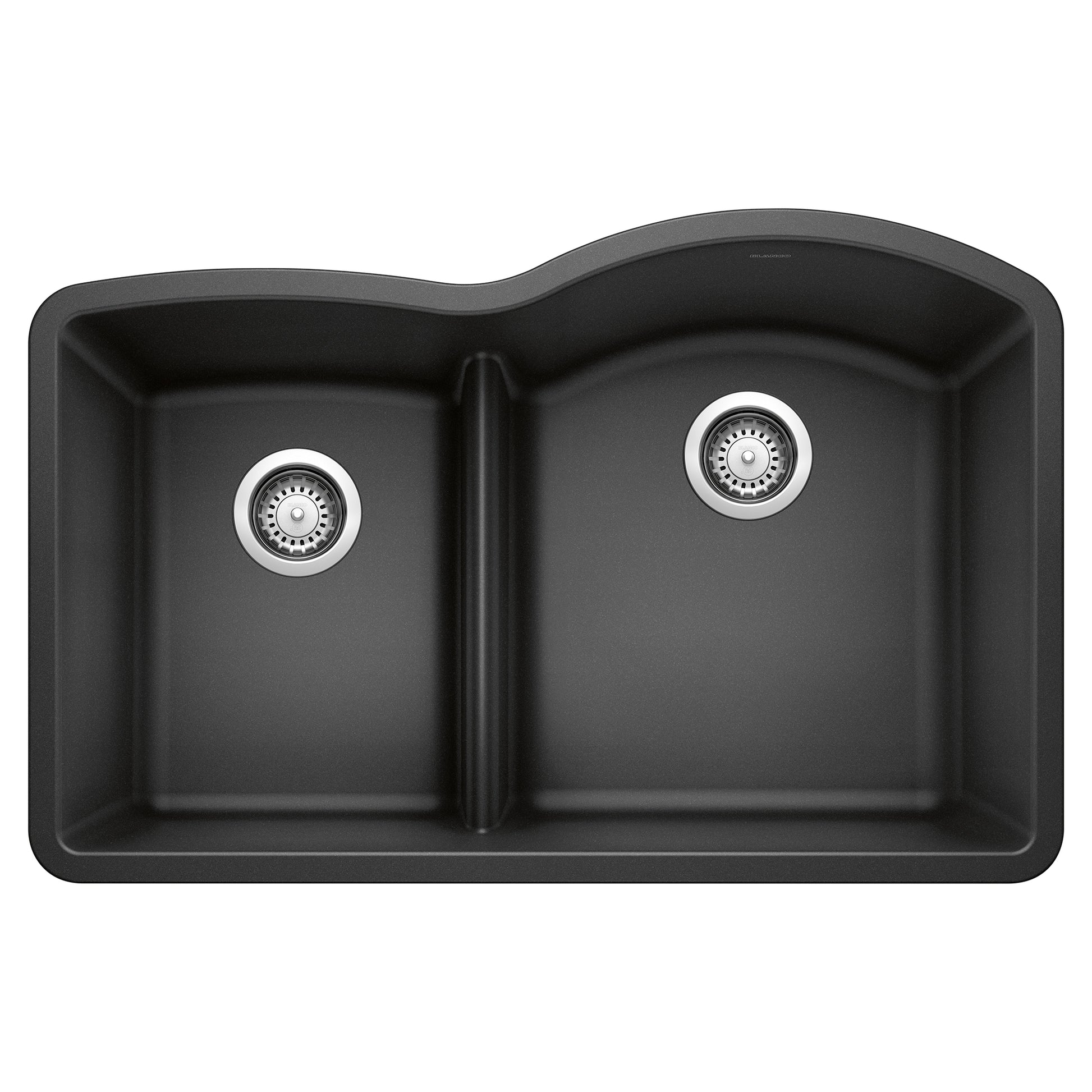 Anthracite double bowl undermount kitchen sink with low divider and chrome drain strainers.
