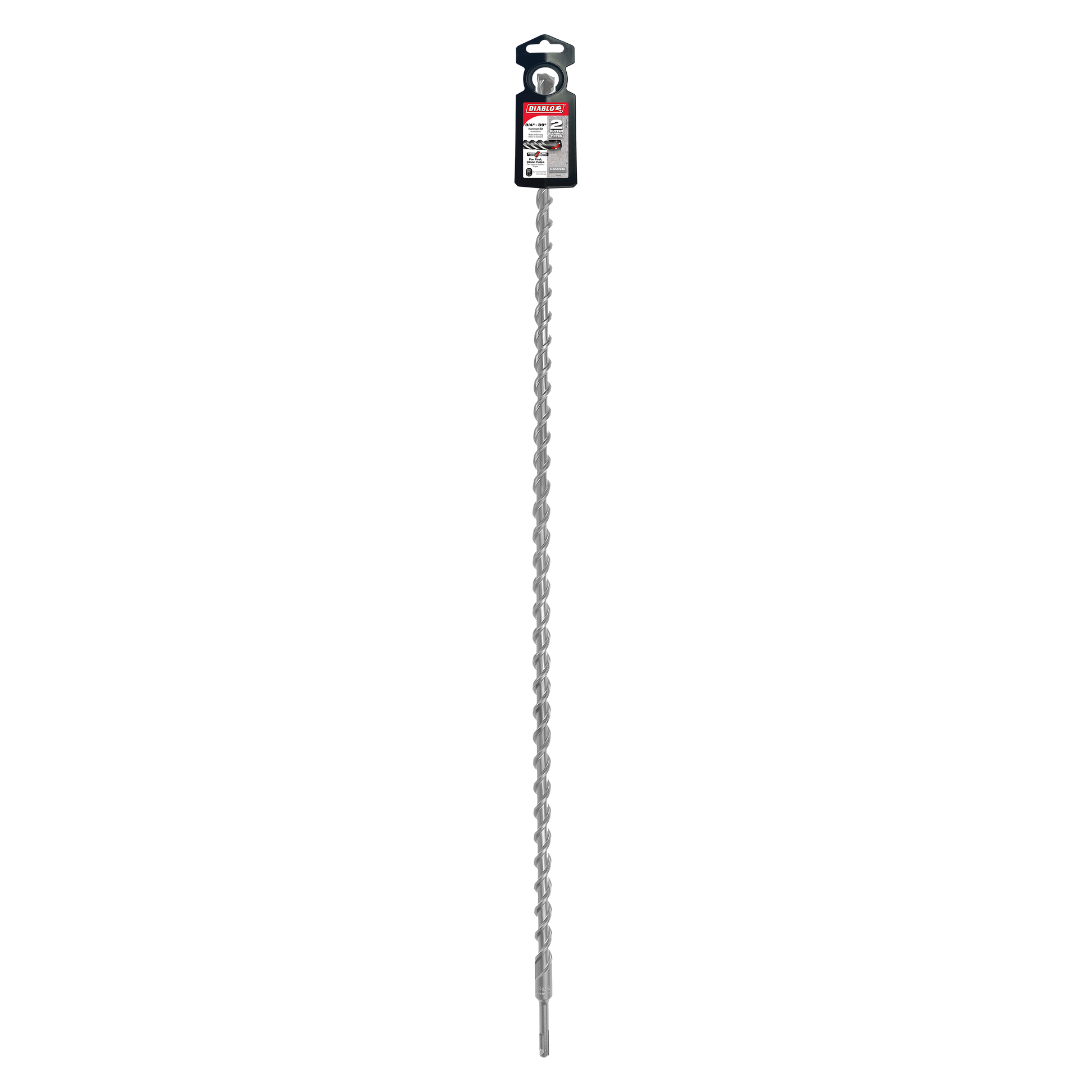 Long SDS-Plus masonry drill bit with two-cutter head and black packaging label at top.