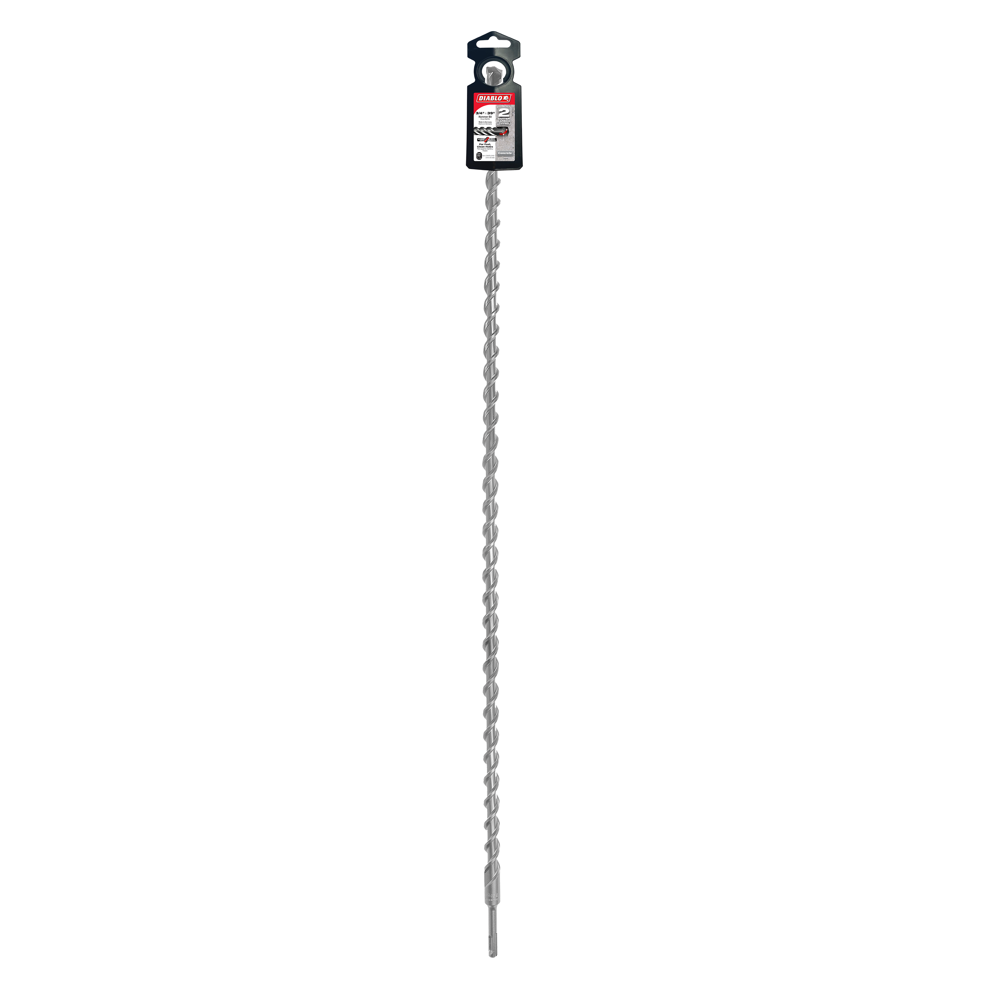 Long SDS-Plus masonry drill bit with two-cutter head and black packaging label at top.