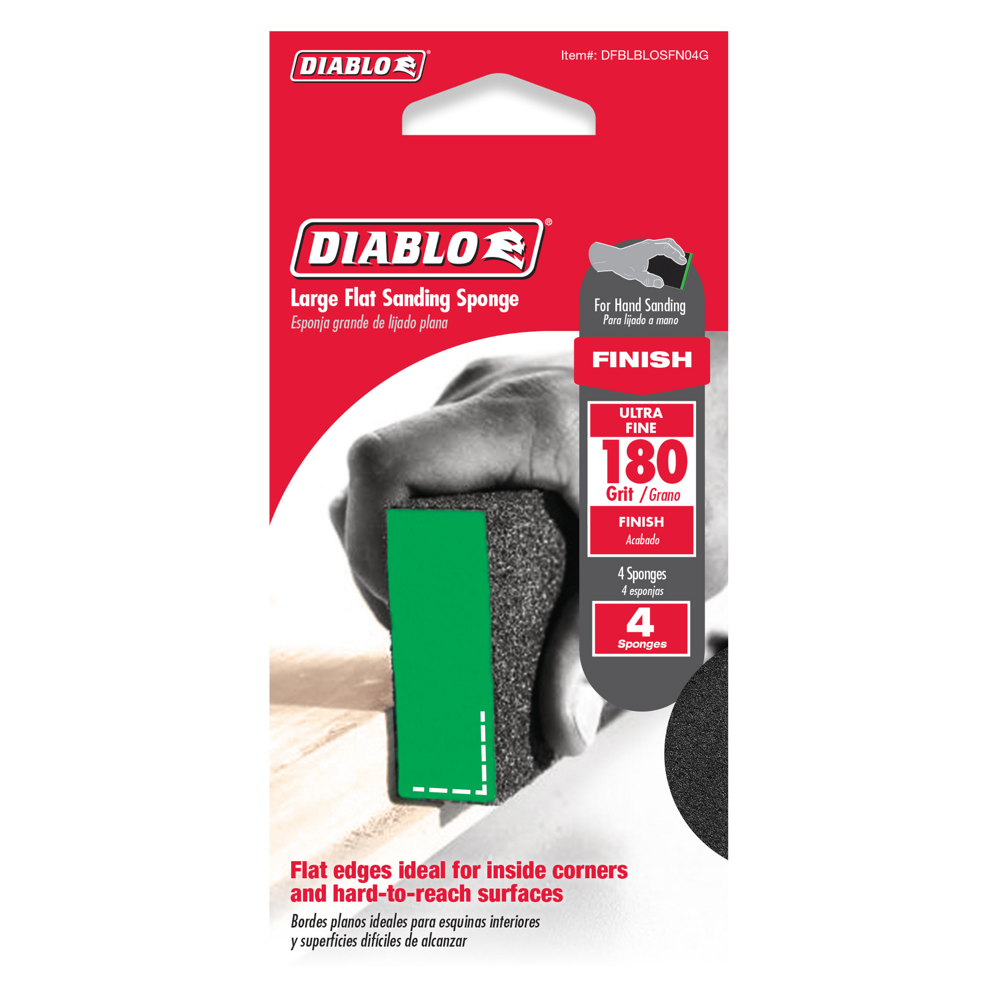 Four large flat sanding sponges with 180-grit ultra fine gray abrasive surface and green foam backing.