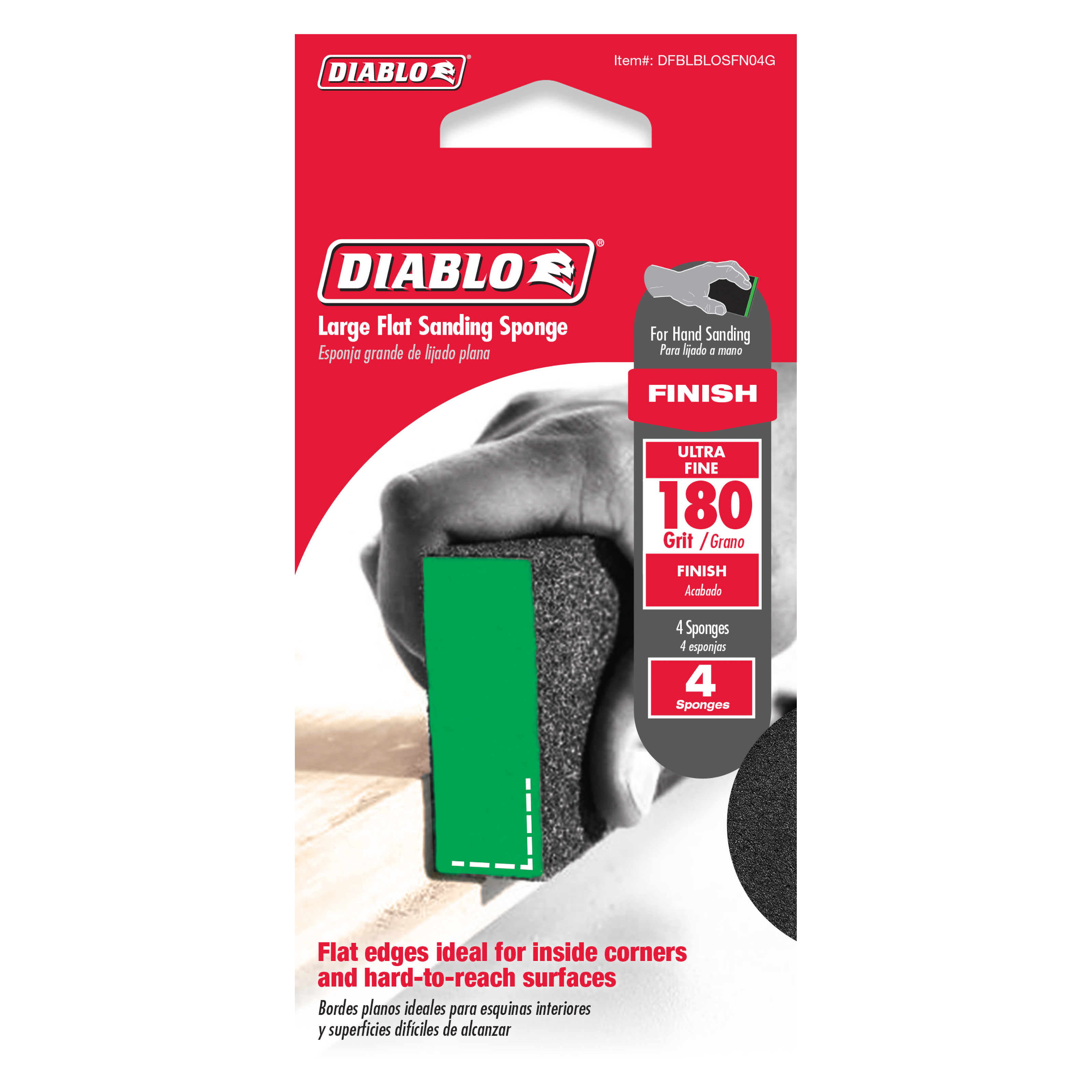 Four large flat sanding sponges with 180-grit ultra fine gray abrasive surface and green foam backing.