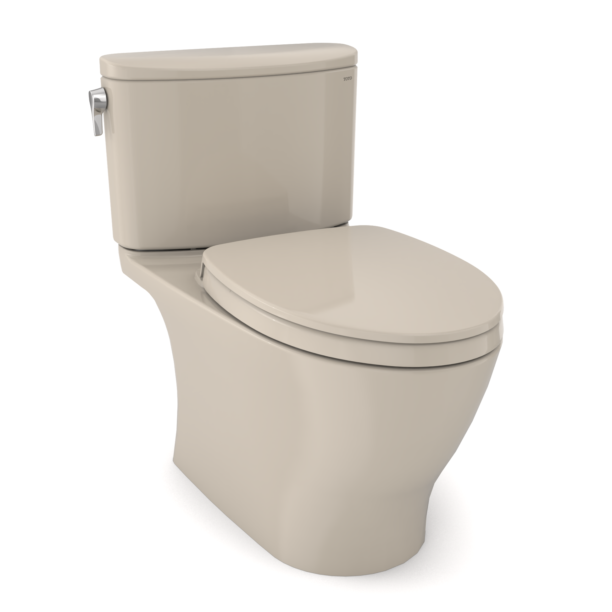 Bone-colored two-piece elongated toilet with soft-close seat and tank featuring side-mounted lever.