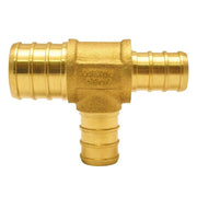 Brass T-shaped PEX crimp fitting with two 1/2 inch horizontal ports and one 3/4 inch vertical port.