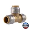 Brass push-fit tee connector with three 1/2" ports and gray push-connect ends.
