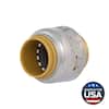 Brass push-to-connect end cap with grip rings, quarter-turn view.